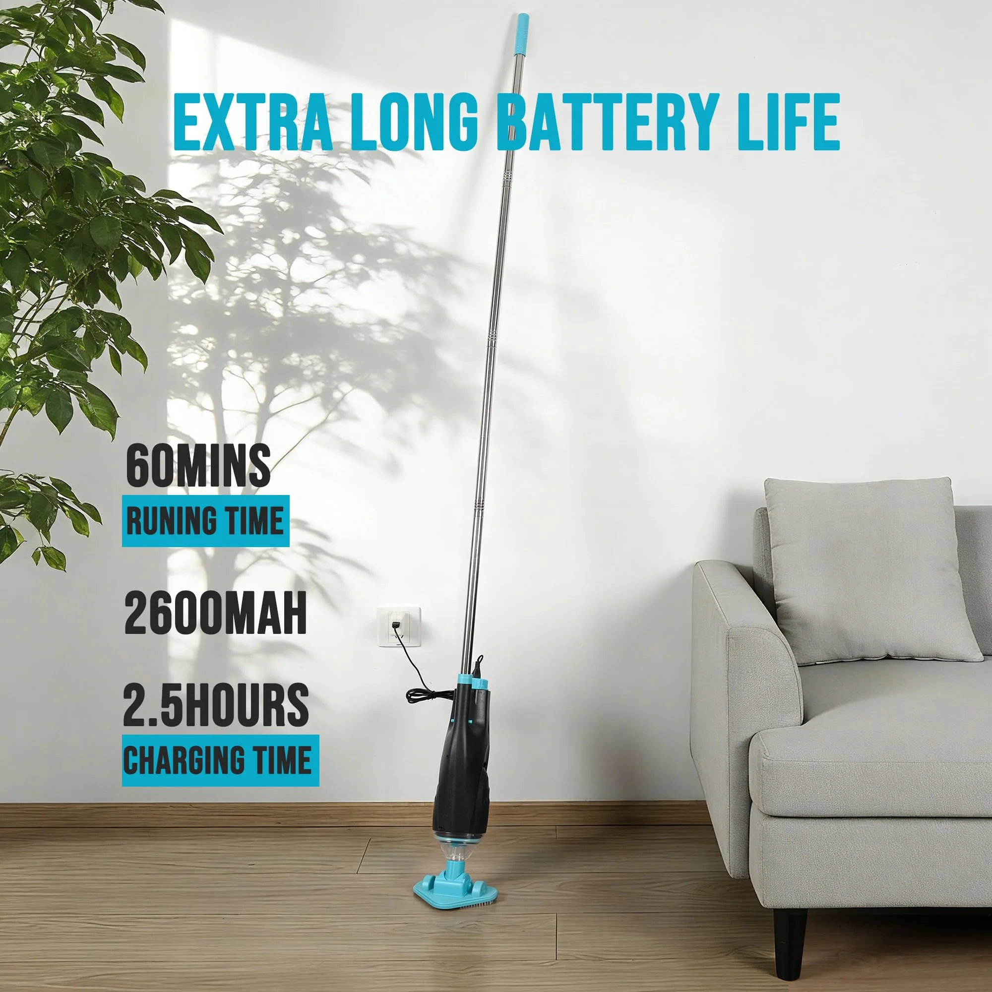 Rechargeable Handheld Pool Vacuum Set with Adjustable Pole and 2 Interchangeable Brush Heads, Ideal for Above-Ground Pools, Hot Tubs, Spas, and Small Pools up to 20ft – Cordless Spot Cleaner(Blue) - Image 3