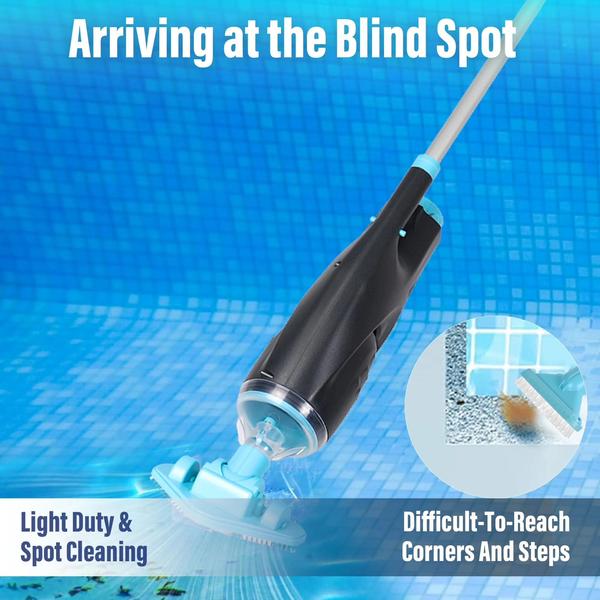 Rechargeable Handheld Pool Vacuum Set with Adjustable Pole and 2 Interchangeable Brush Heads, Ideal for Above-Ground Pools, Hot Tubs, Spas, and Small Pools up to 20ft – Cordless Spot Cleaner(Blue) - Image 4