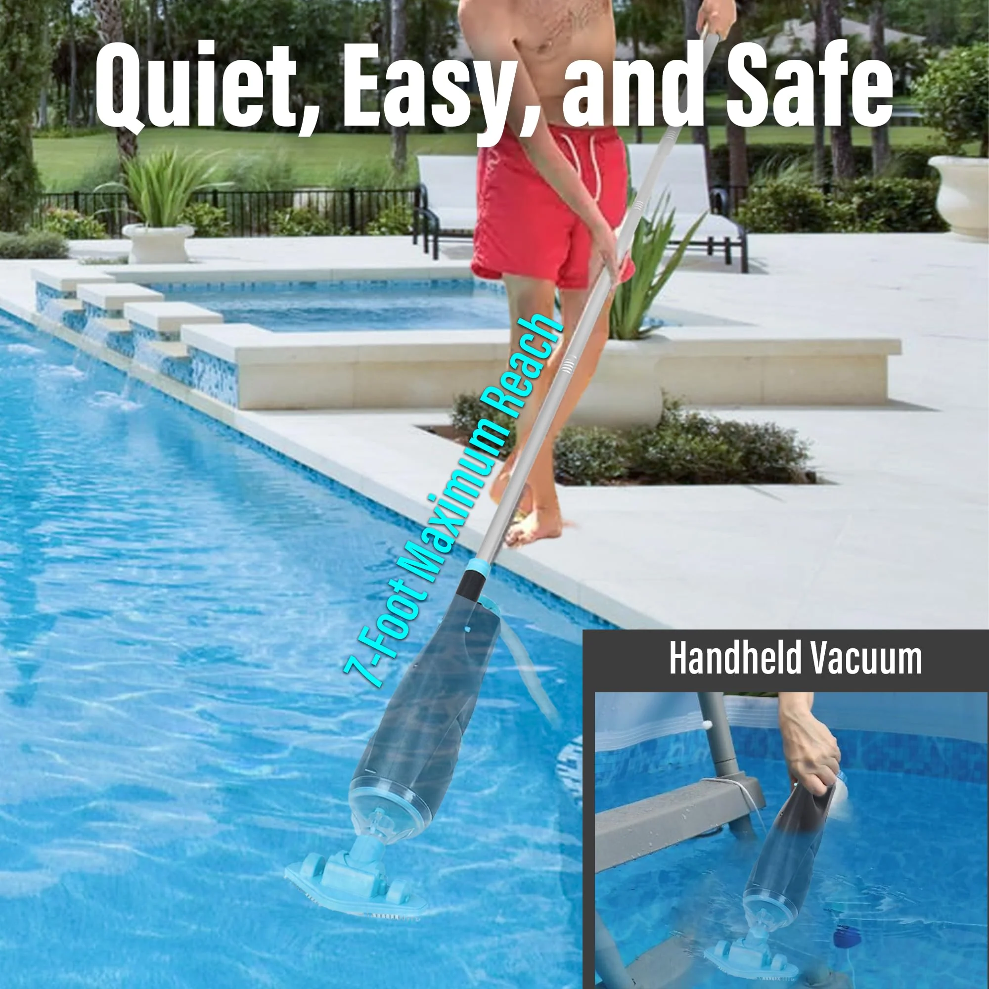 Rechargeable Handheld Pool Vacuum Set with Adjustable Pole and 2 Interchangeable Brush Heads, Ideal for Above-Ground Pools, Hot Tubs, Spas, and Small Pools up to 20ft – Cordless Spot Cleaner(Blue) - Image 5