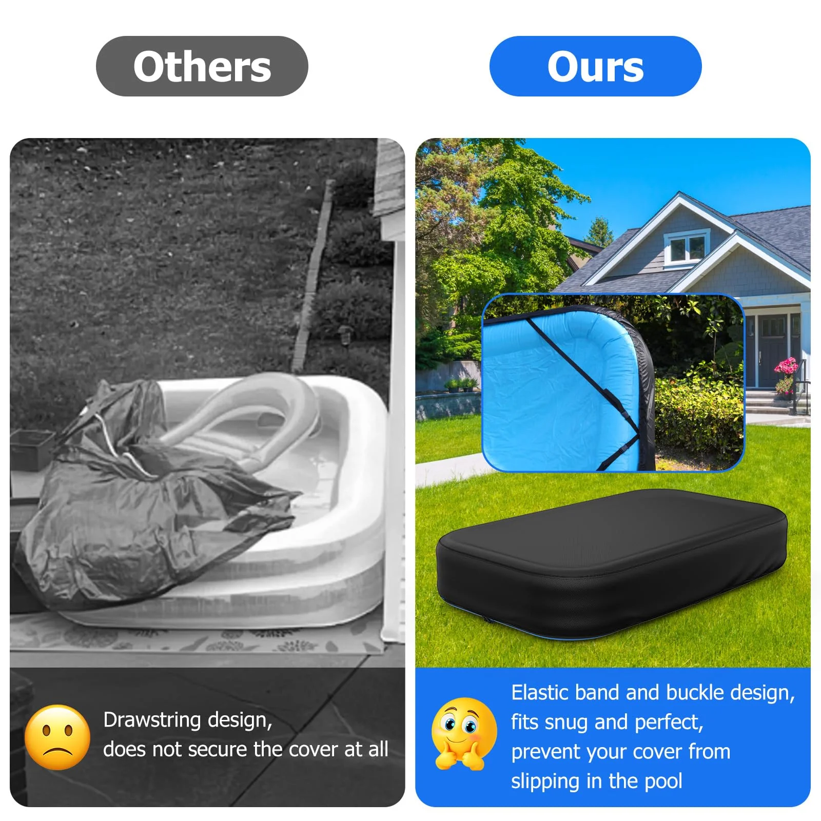 Rectangular Pool Cover for Inflatable Pool, Fits Blow Up Pool Size 120" L x 72" W, Built-in Elastic Band and Extra Buckle to Prevent Slipping, 10' x 6' Rectangle Above Ground Swimming Pool Cover - Image 4