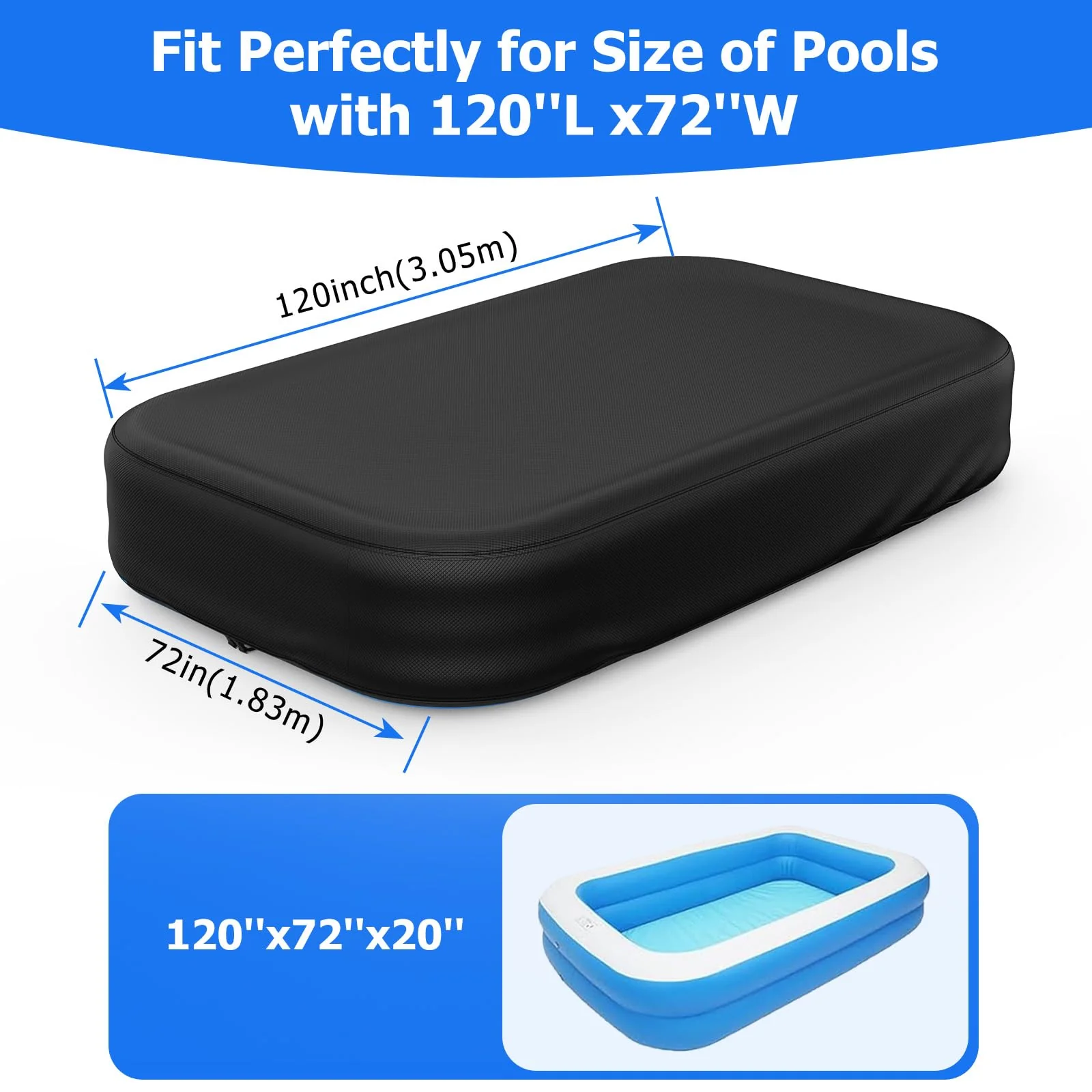 Rectangular Pool Cover for Inflatable Pool, Fits Blow Up Pool Size 120" L x 72" W, Built-in Elastic Band and Extra Buckle to Prevent Slipping, 10' x 6' Rectangle Above Ground Swimming Pool Cover - Image 7