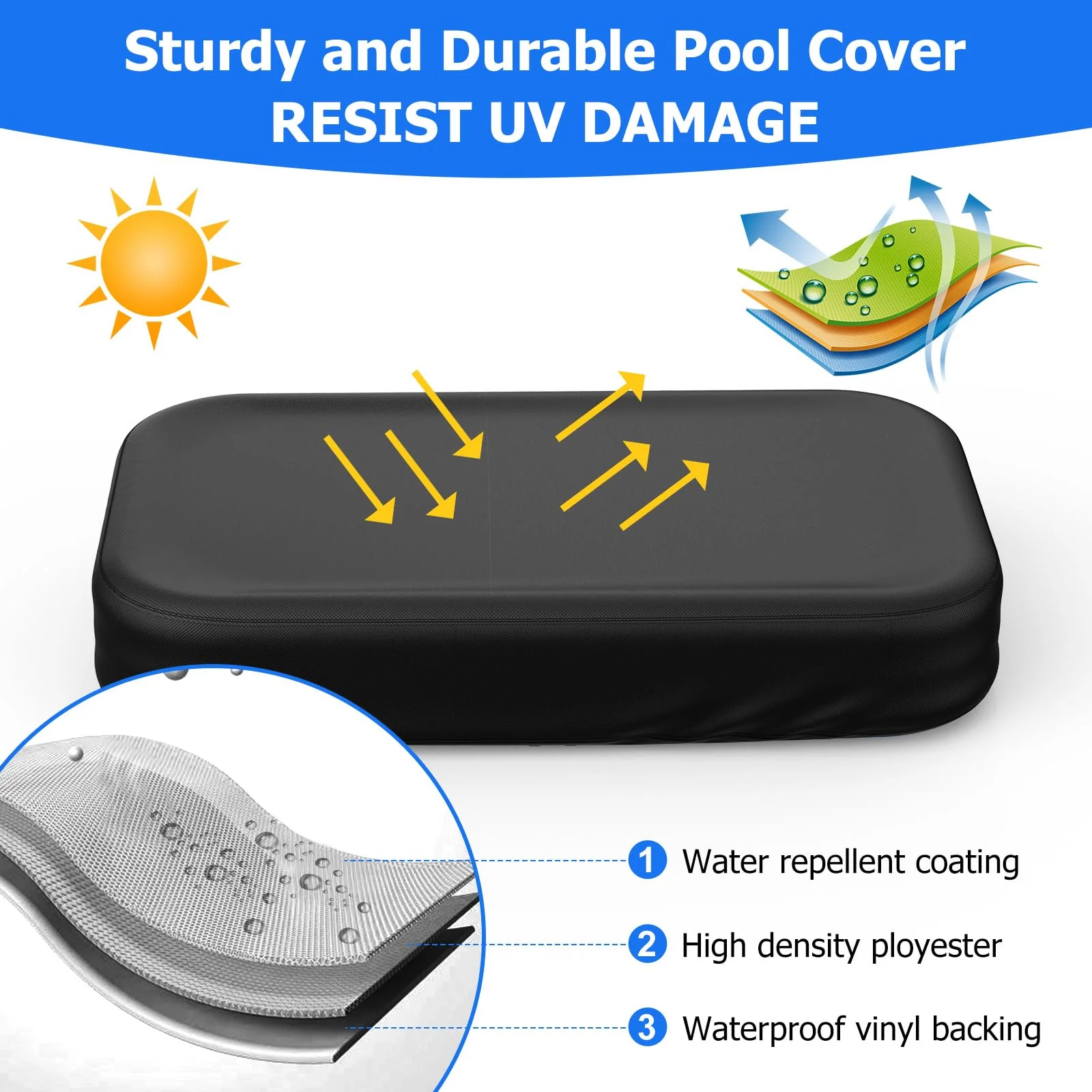 Rectangular Pool Cover for Inflatable Pool, Fits Blow Up Pool Size 90" L x 60" W, Built-in Elastic Band and Extra Buckle to Prevent Slipping, Rectangle Above Ground Swimming Pool Cover - Image 3