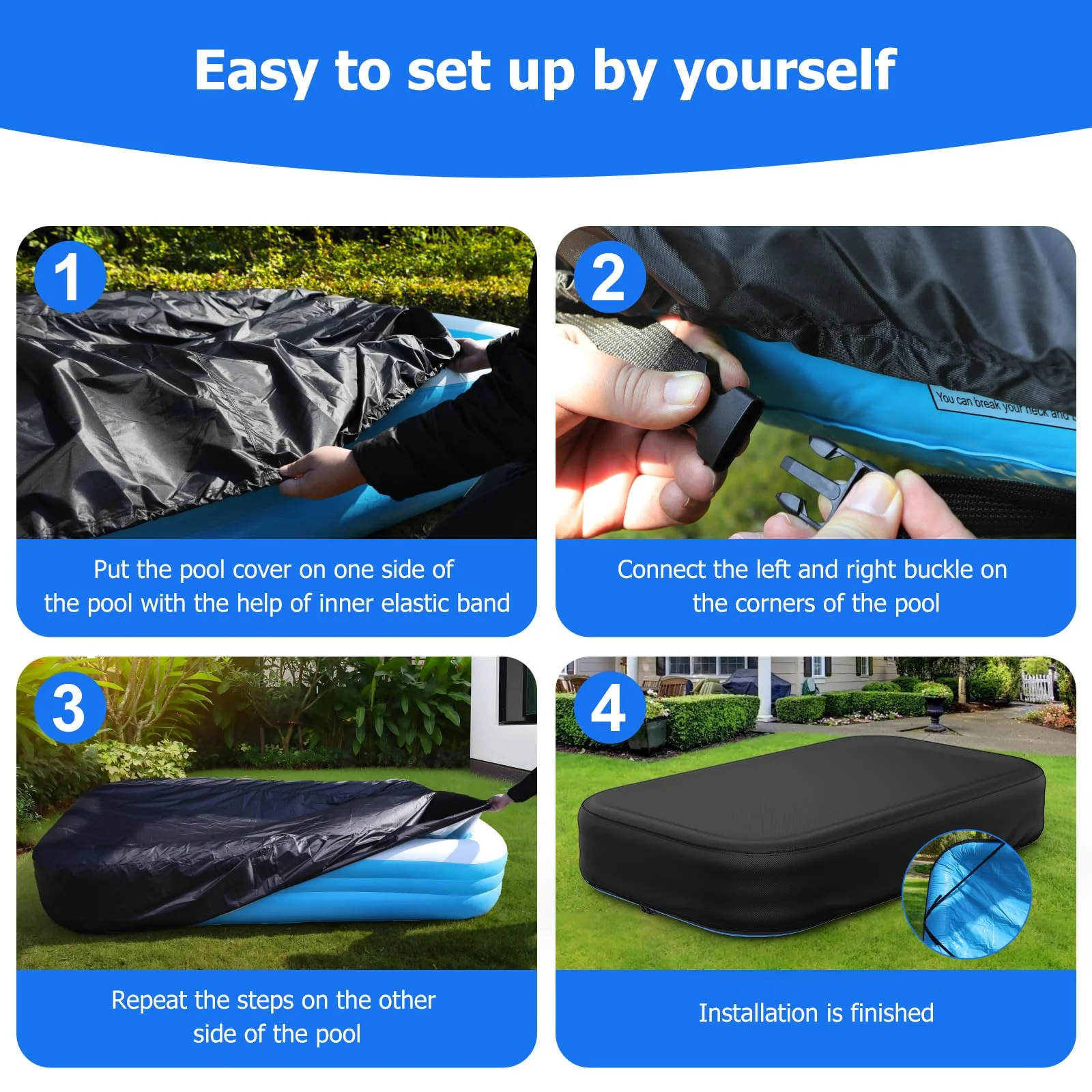Rectangular Pool Cover for Inflatable Pool, Fits Blow Up Pool Size 90" L x 60" W, Built-in Elastic Band and Extra Buckle to Prevent Slipping, Rectangle Above Ground Swimming Pool Cover - Image 5