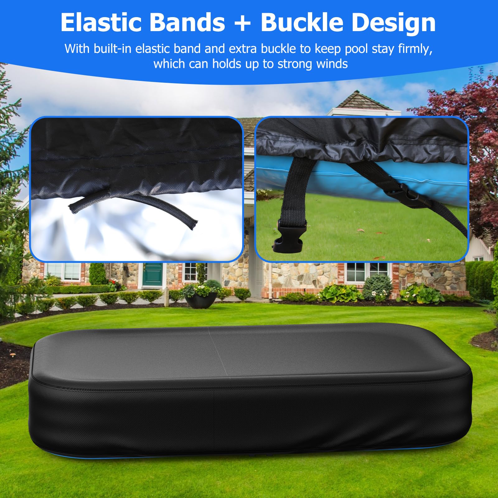 Rectangular Pool Cover for Inflatable Pool, Fits Blow Up Pool Size 90" L x 60" W, Built-in Elastic Band and Extra Buckle to Prevent Slipping, Rectangle Above Ground Swimming Pool Cover - Image 6