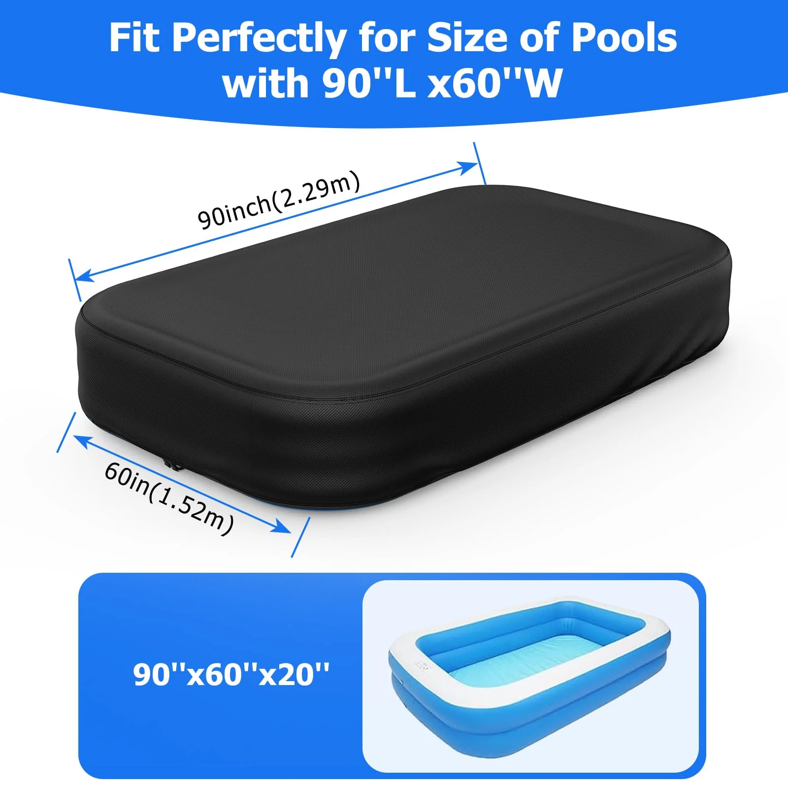 Rectangular Pool Cover for Inflatable Pool, Fits Blow Up Pool Size 90" L x 60" W, Built-in Elastic Band and Extra Buckle to Prevent Slipping, Rectangle Above Ground Swimming Pool Cover - Image 7