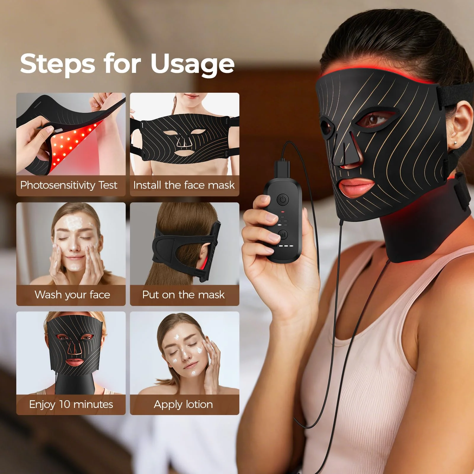 Red Light Therapy for Face,LED Face Mask Light Therapy with Neck Device,103 3-in-1 Light Beads,Remoter Rechargeable,Timing Function,Infrared Red Light Therapy Mask for Home Working Travel Yoga Sleep - Image 5