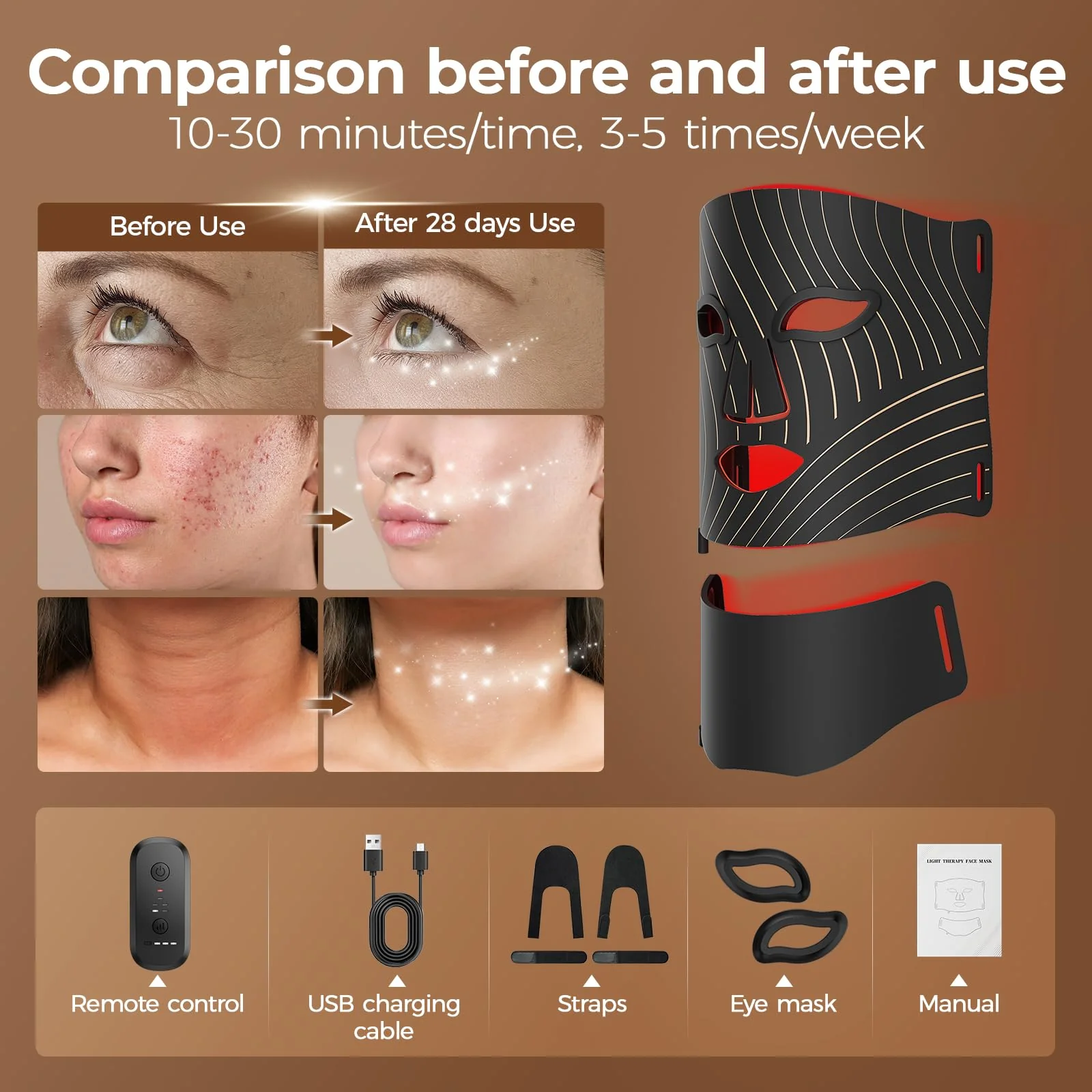 Red Light Therapy for Face,LED Face Mask Light Therapy with Neck Device,103 3-in-1 Light Beads,Remoter Rechargeable,Timing Function,Infrared Red Light Therapy Mask for Home Working Travel Yoga Sleep - Image 8