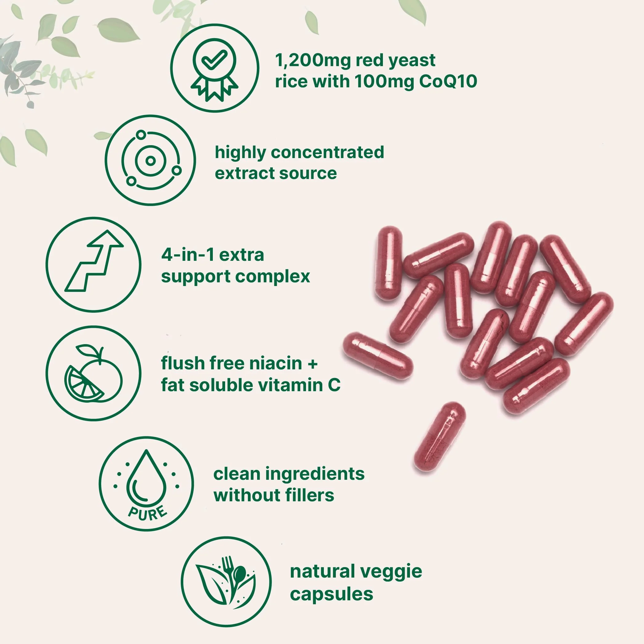 Red Yeast Rice 1,200mg with CoQ10 100mg, 240 Veggie Capsules | 4-in-1 with Flush Free Niacin & Fat Soluble Vitamin C | Cholesterol Support & Heart Health Supplements | Filler Free, Non-GMO, No Gluten - Image 7