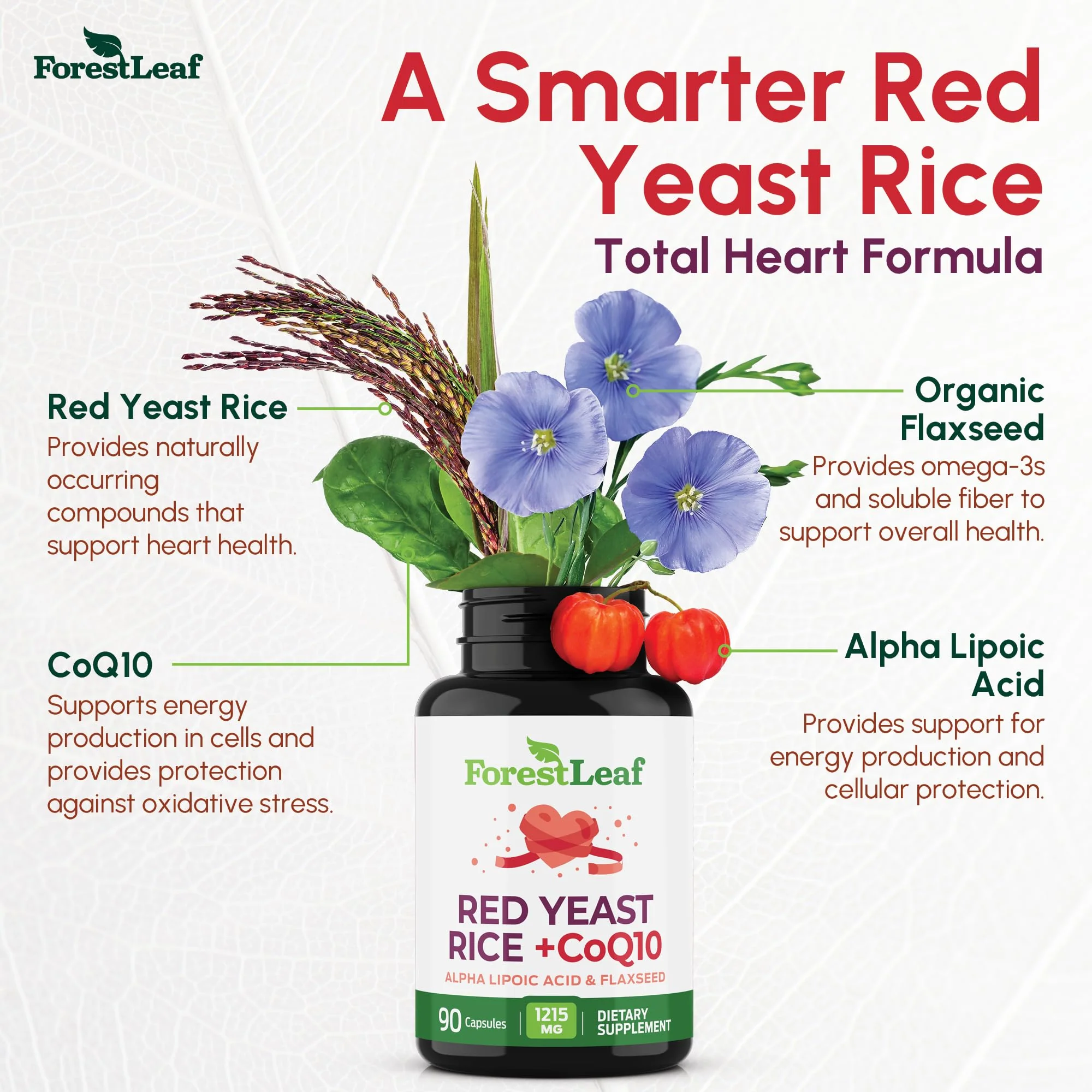 Red Yeast Rice 1215 mg. Capsules - Extra Strength Red Rice Yeast with CoQ10 Supplement, Plus Alpha Lipoic Acid & Organic Flaxseed, Citrinin Free, Supports Cardiovascular Health, Non-GMO 90 Veggie Caps - Image 2