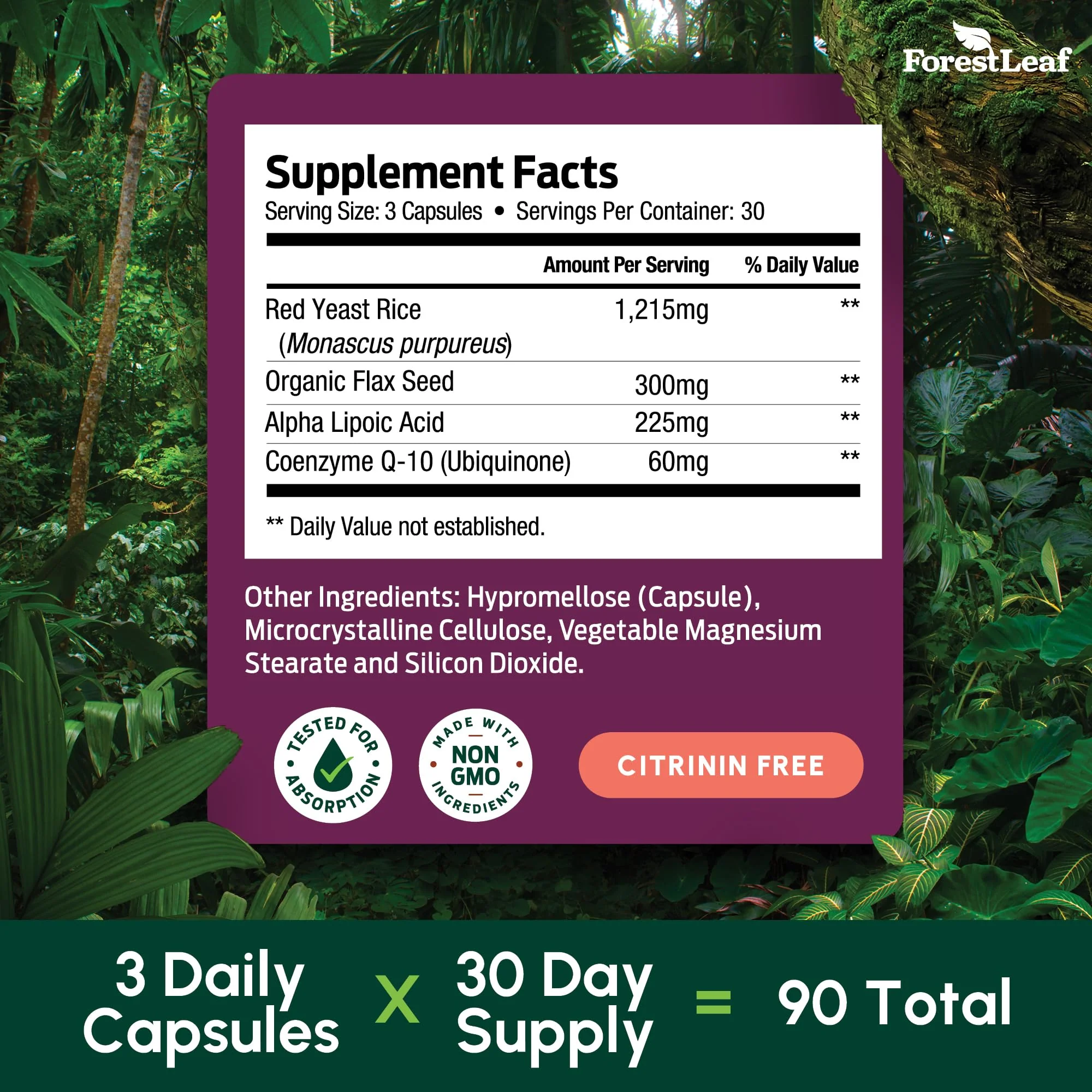 Red Yeast Rice 1215 mg. Capsules - Extra Strength Red Rice Yeast with CoQ10 Supplement, Plus Alpha Lipoic Acid & Organic Flaxseed, Citrinin Free, Supports Cardiovascular Health, Non-GMO 90 Veggie Caps - Image 6