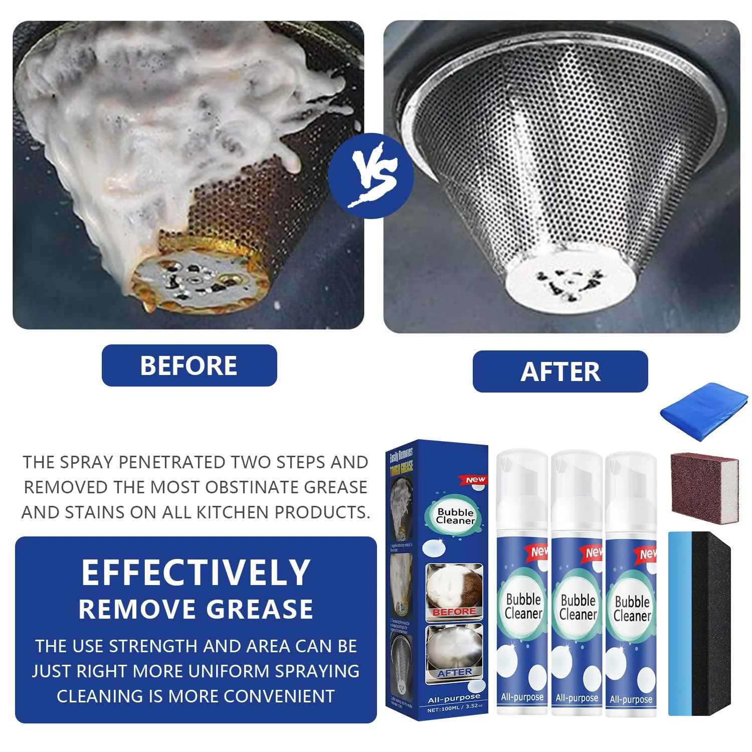Rednow (100ML*3PCS) Bubble Cleaner Foam,Foaming Heavy Oil Stain Cleaner,All-Purpose Rinse-free Cleaner Spray,Kitchen Deep Cleaning Spray,Powerful Stain,Stubborn Grease & Grime Remover Bubble Spray - Image 4