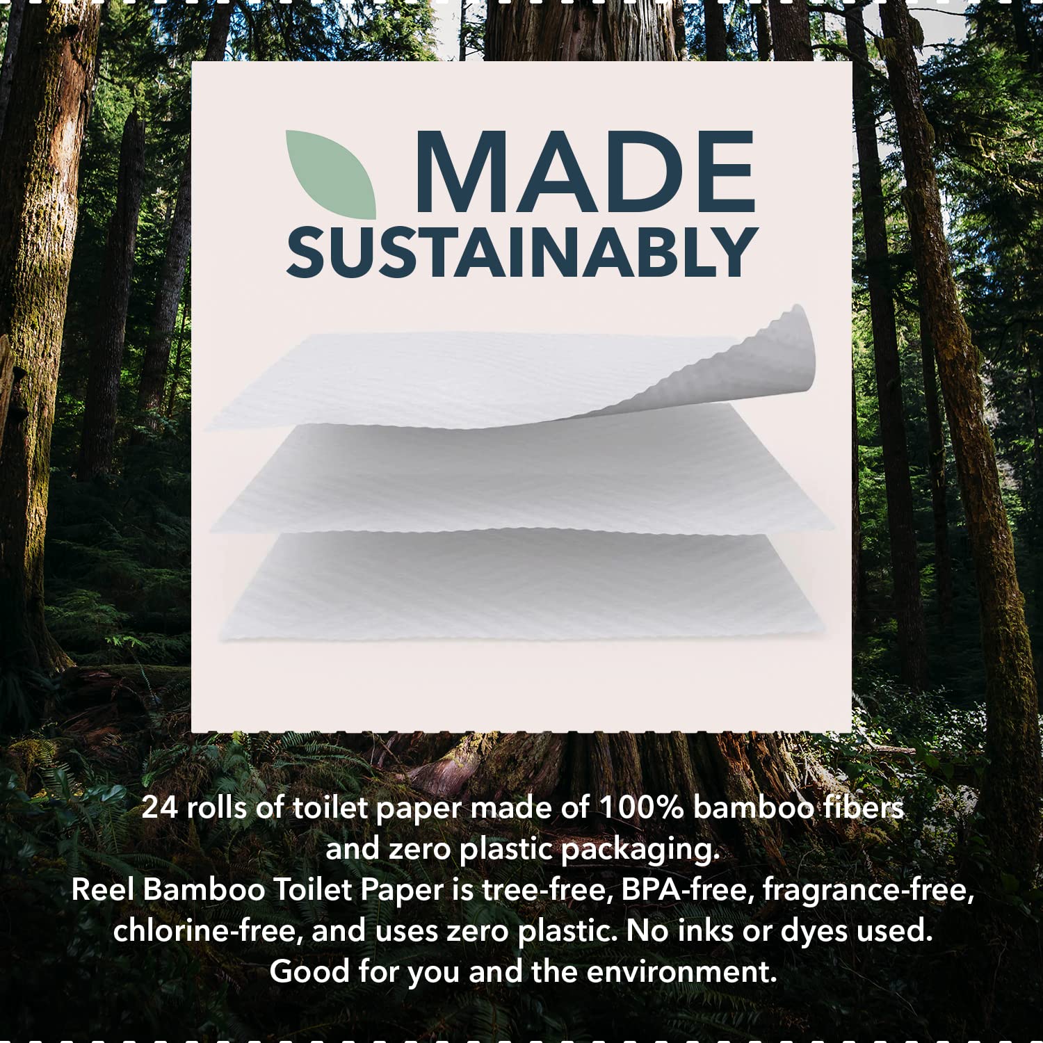 Reel Premium Bamboo Toilet Paper - 24 Rolls of Toilet Paper - 3-Ply Made From Tree-Free - Zero Plastic Packaging, Septic Safe - Image 6