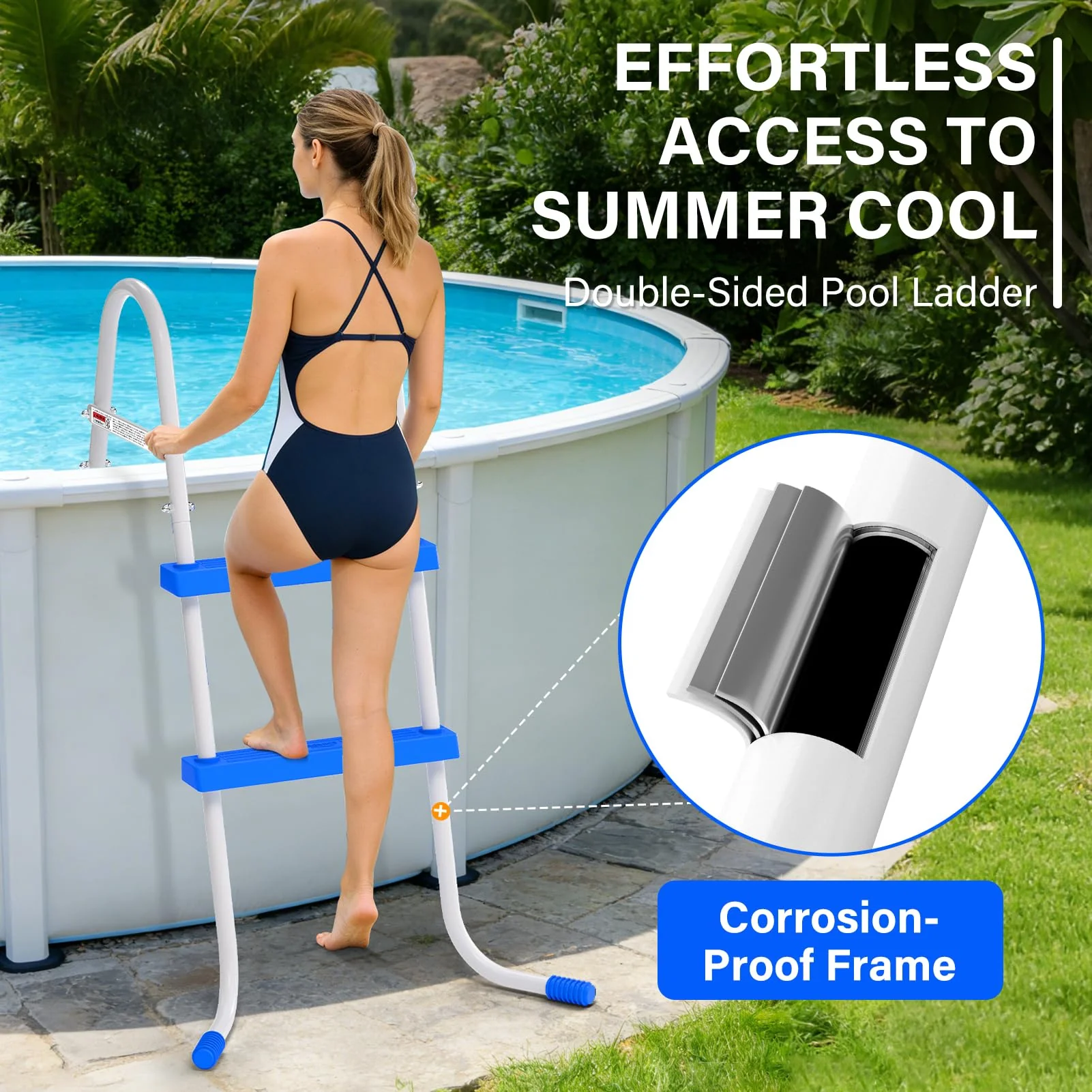 REGMICS Heavy Duty Steel Frame Swimming Pool Ladder for Above Ground Pools, 2-Step Double-Sided Pool Stairs for 33.5" Height Pools, 450lbs Capacity with Anti-Slip Rubber Feet & Wide Steps - Image 2