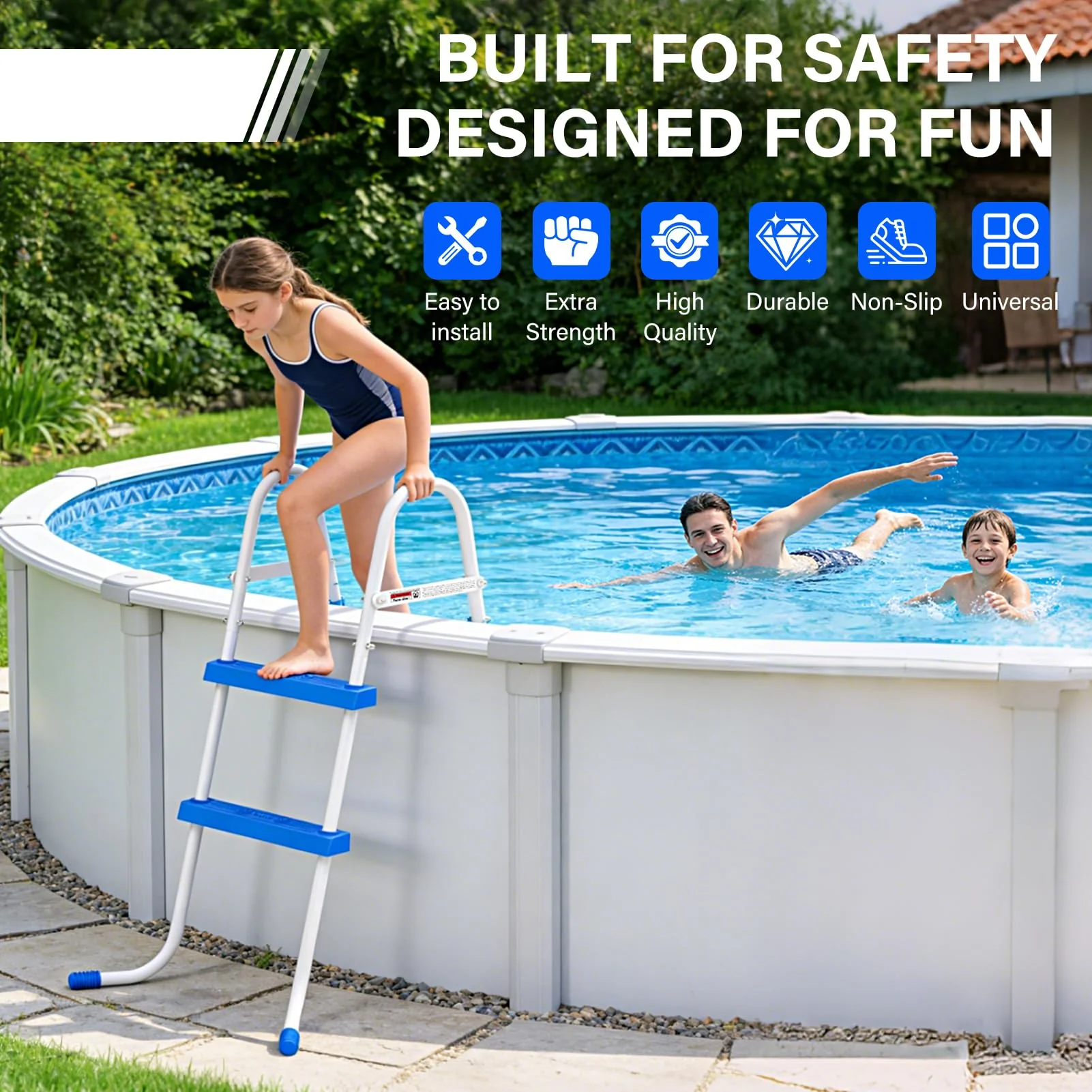 REGMICS Heavy Duty Steel Frame Swimming Pool Ladder for Above Ground Pools, 2-Step Double-Sided Pool Stairs for 33.5" Height Pools, 450lbs Capacity with Anti-Slip Rubber Feet & Wide Steps - Image 6