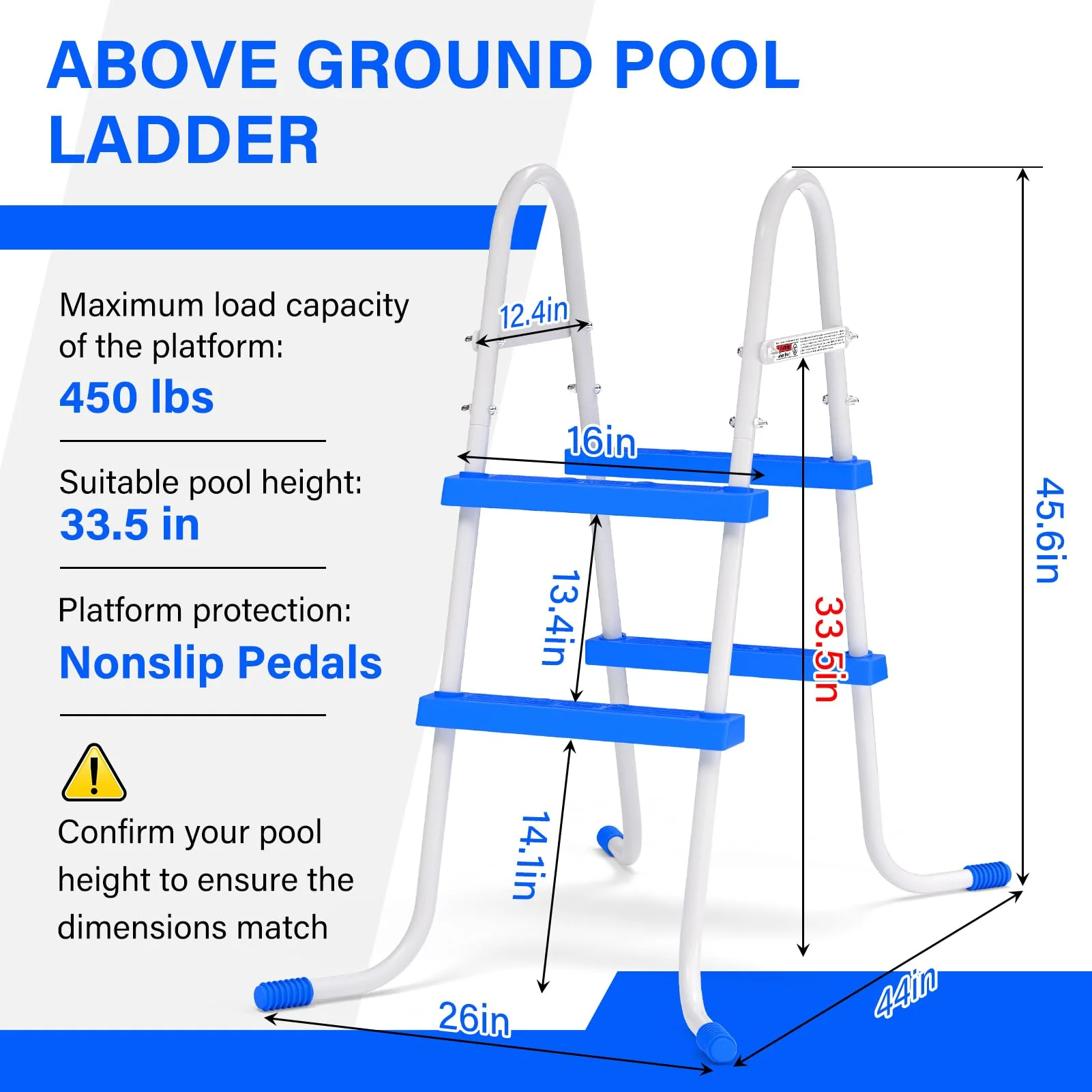 REGMICS Heavy Duty Steel Frame Swimming Pool Ladder for Above Ground Pools, 2-Step Double-Sided Pool Stairs for 33.5" Height Pools, 450lbs Capacity with Anti-Slip Rubber Feet & Wide Steps - Image 7