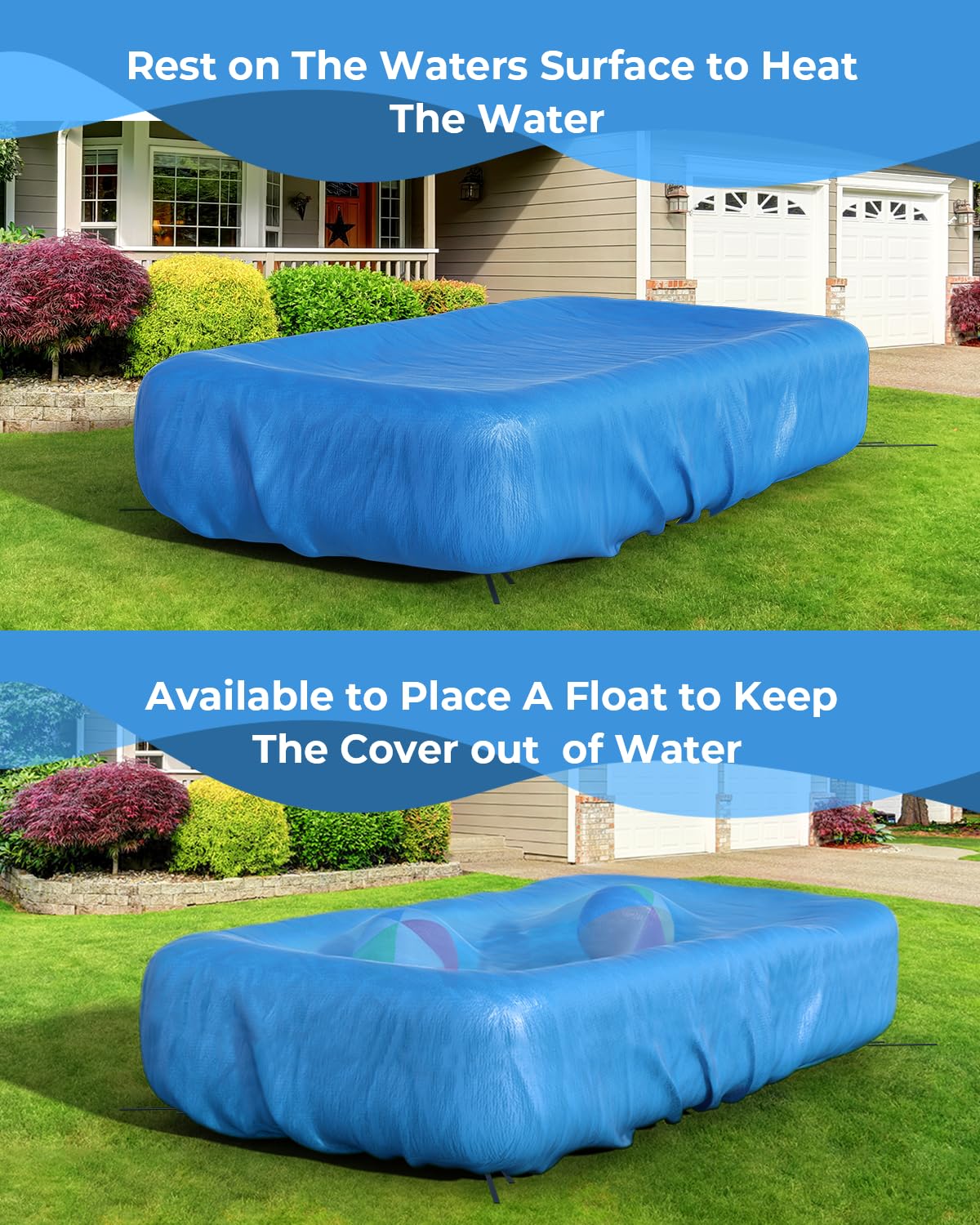 Reinmoson Inflatable Pool Cover Rectangular Fits Pool Under 145" L x 84" W, 20s Easy Set by 1 Person Built-in Elastic Edges & Integrated Drawstrings 10' x 7' Rectangle Pool Cover Above Ground - Image 2