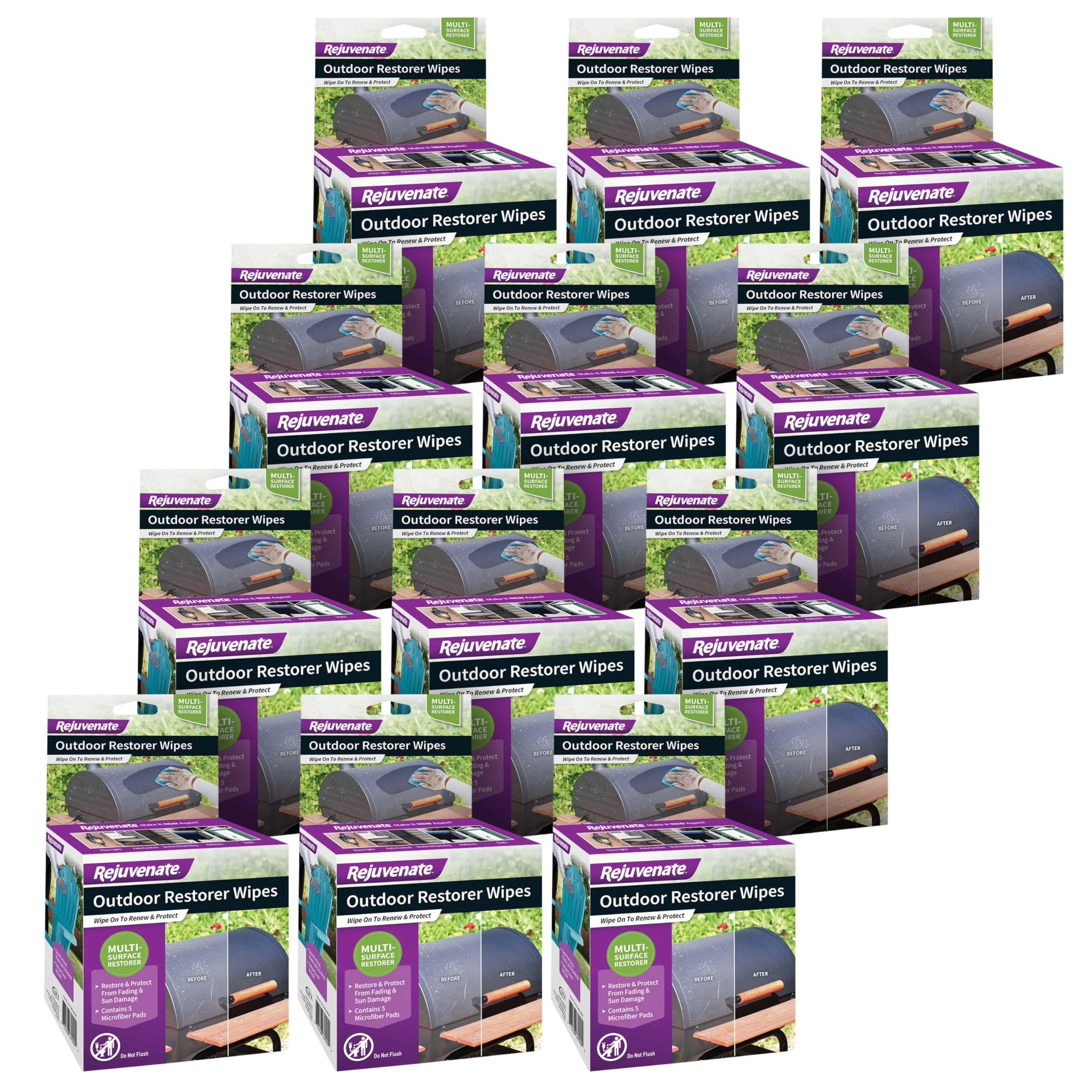 Rejuvenate Outdoor Restorer Wipes, 5 Count, Individually-Wrapped Pre-Saturated Microfiber Wipes Restore Faded and Weathered Surfaces Such As Patio Furniture, Shutters, Siding, And More, 12 Pack