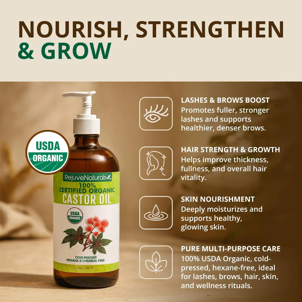 RejuveNaturals Castor Oil (16oz Glass Bottle) USDA Certified Organic, 100% Pure, Cold Pressed, Hexane Free. Boost Hair Growth for Thicker, Fuller Hair, Lashes & Eyebrows. - Image 2