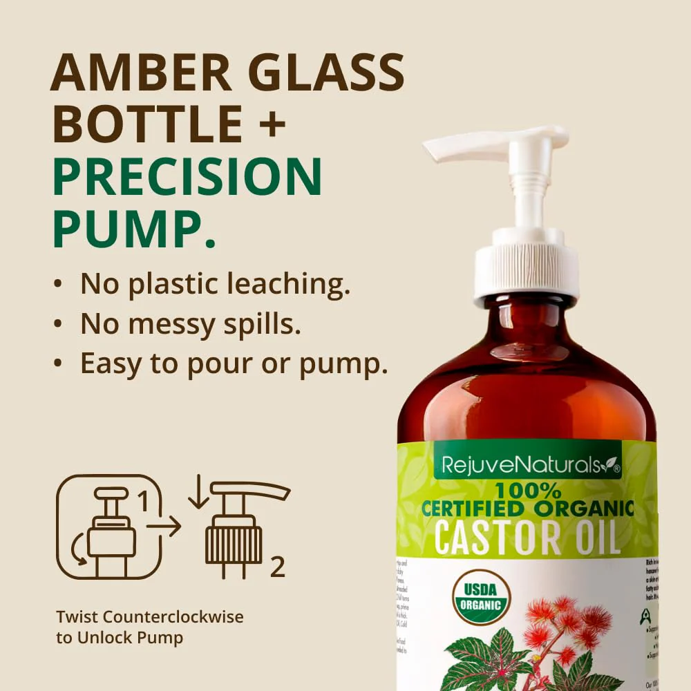 RejuveNaturals Castor Oil (16oz Glass Bottle) USDA Certified Organic, 100% Pure, Cold Pressed, Hexane Free. Boost Hair Growth for Thicker, Fuller Hair, Lashes & Eyebrows. - Image 8