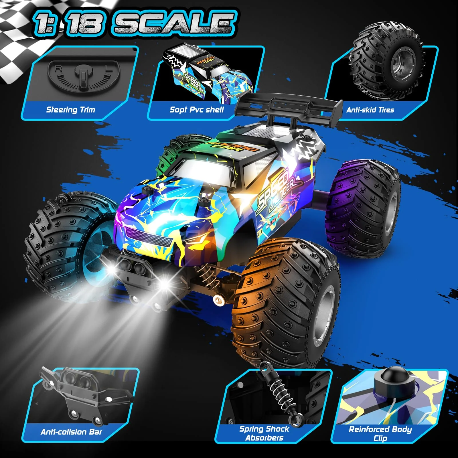 Remote Control Car, 1:18 2WD Off-Road RC Truck 20 KM/H, All-Terrain RC Cars with Headlights, BodyLights, 2.4GH Rechargeable Remote Control Monster Truck, Christmas or Birthday Gift Toys for Boys Girls - Image 3
