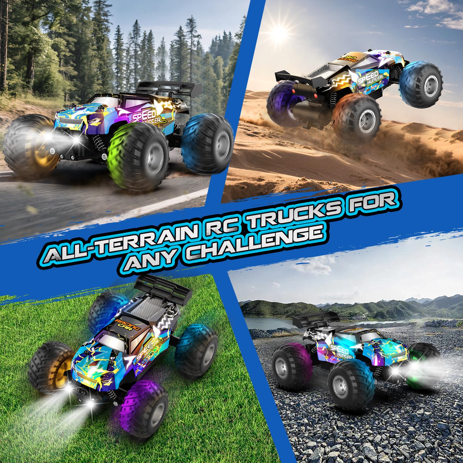Remote Control Car, 1:18 2WD Off-Road RC Truck 20 KM/H, All-Terrain RC Cars with Headlights, BodyLights, 2.4GH Rechargeable Remote Control Monster Truck, Christmas or Birthday Gift Toys for Boys Girls - Image 4