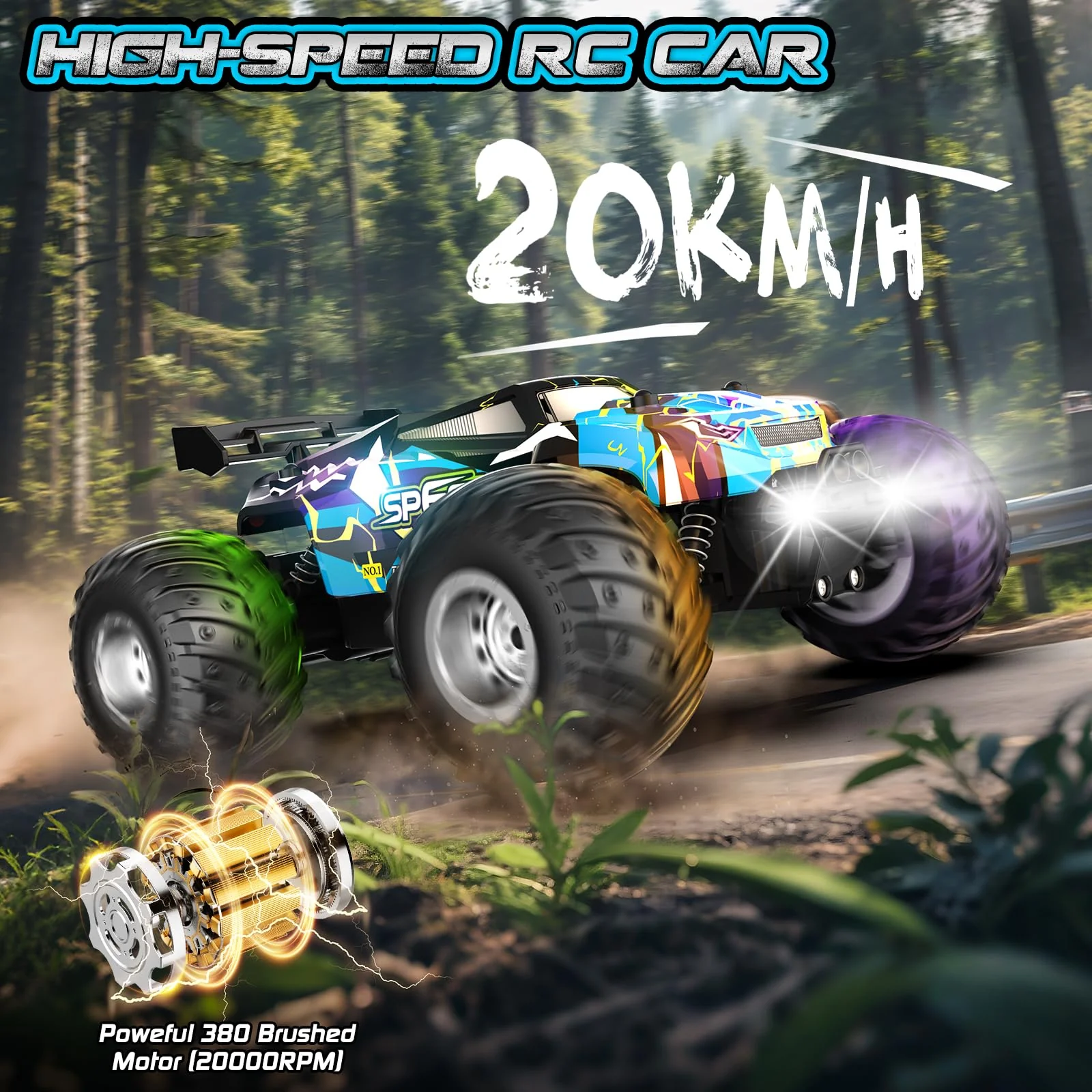 Remote Control Car, 1:18 2WD Off-Road RC Truck 20 KM/H, All-Terrain RC Cars with Headlights, BodyLights, 2.4GH Rechargeable Remote Control Monster Truck, Christmas or Birthday Gift Toys for Boys Girls - Image 7