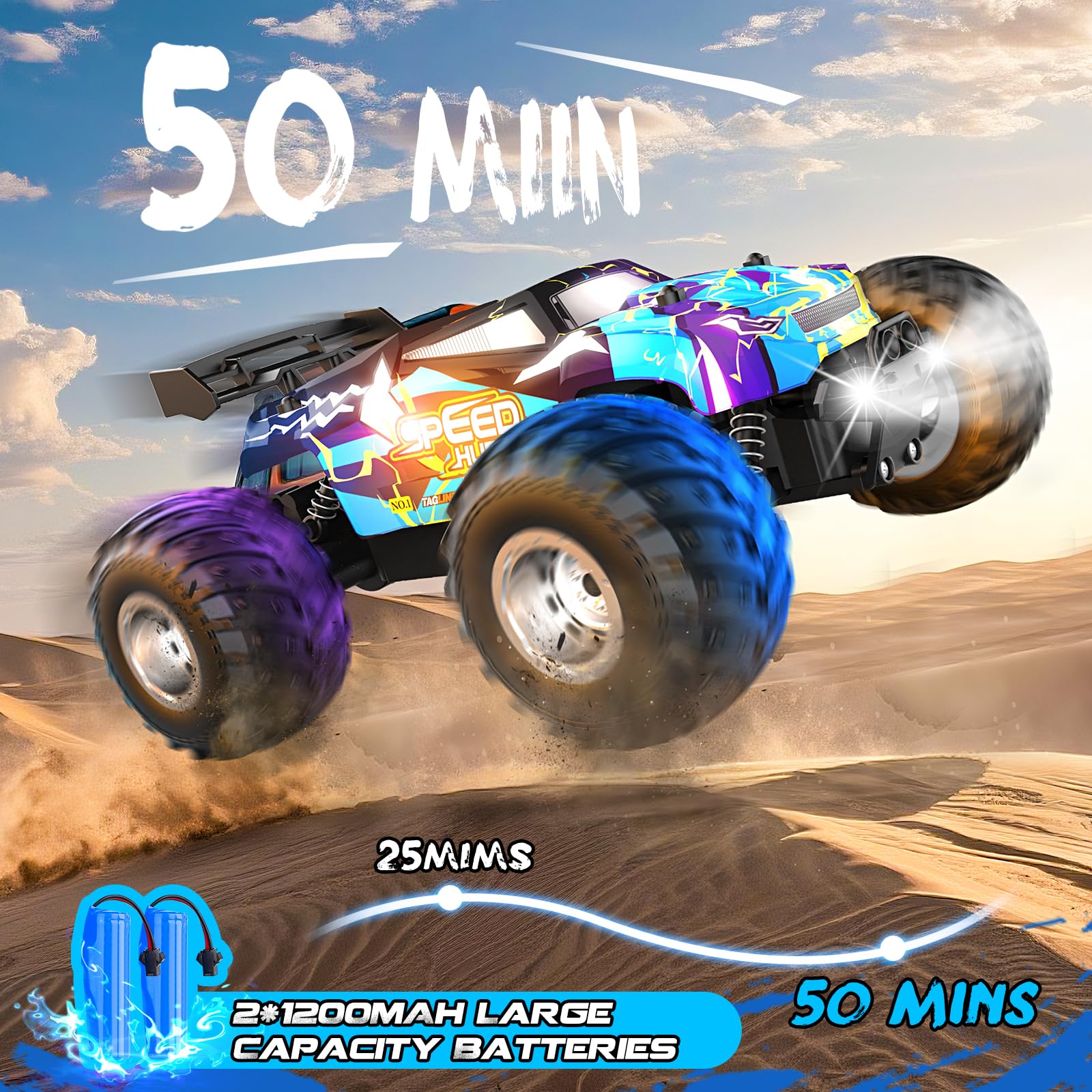 Remote Control Car, 1:18 2WD Off-Road RC Truck 20 KM/H, All-Terrain RC Cars with Headlights, BodyLights, 2.4GH Rechargeable Remote Control Monster Truck, Christmas or Birthday Gift Toys for Boys Girls - Image 8