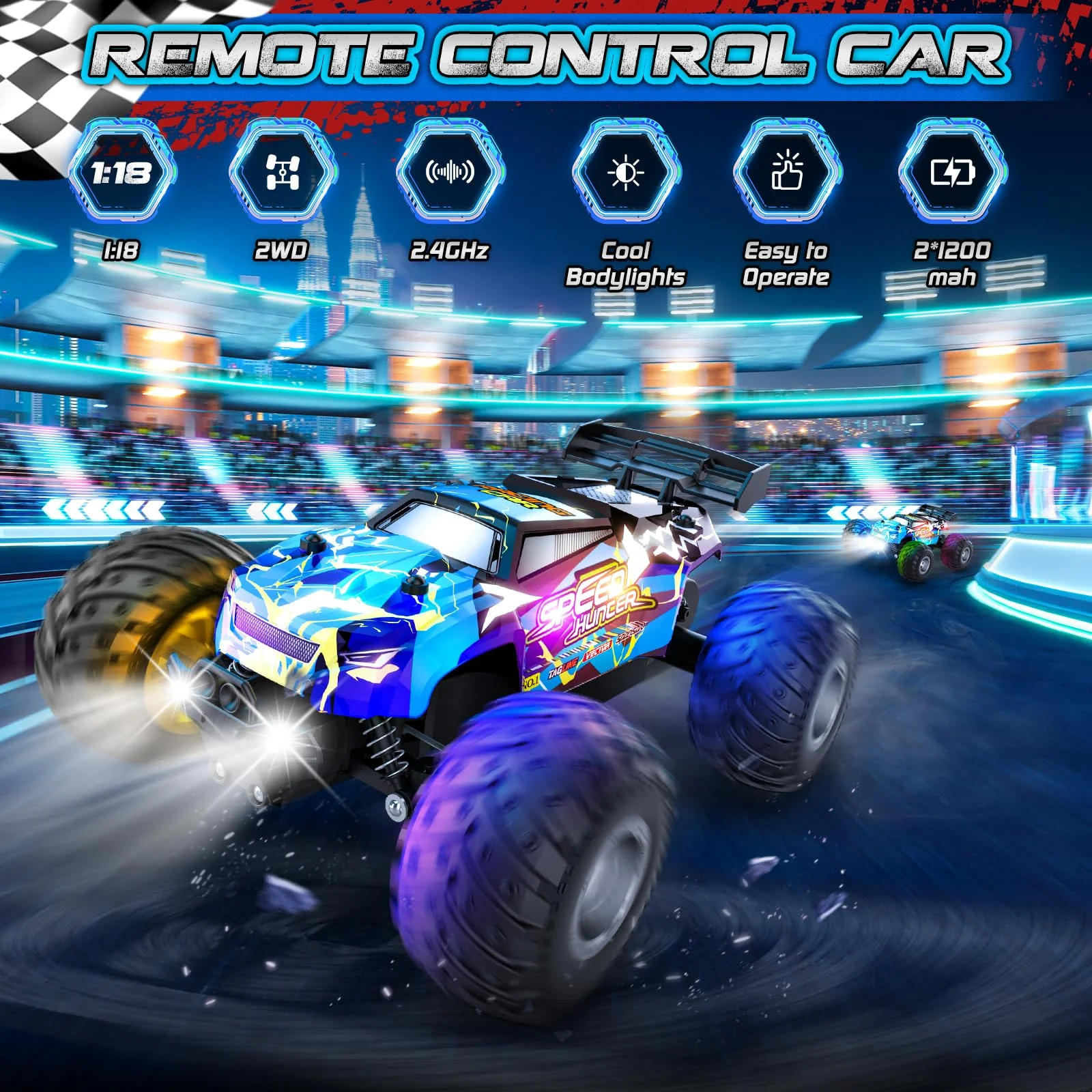Remote Control Car, 1:18 2WD Off-Road RC Truck 20 KM/H, All-Terrain RC Cars with Headlights, BodyLights, 2.4GH Rechargeable Remote Control Monster Truck, Christmas or Birthday Gift Toys for Boys Girls - Image 9