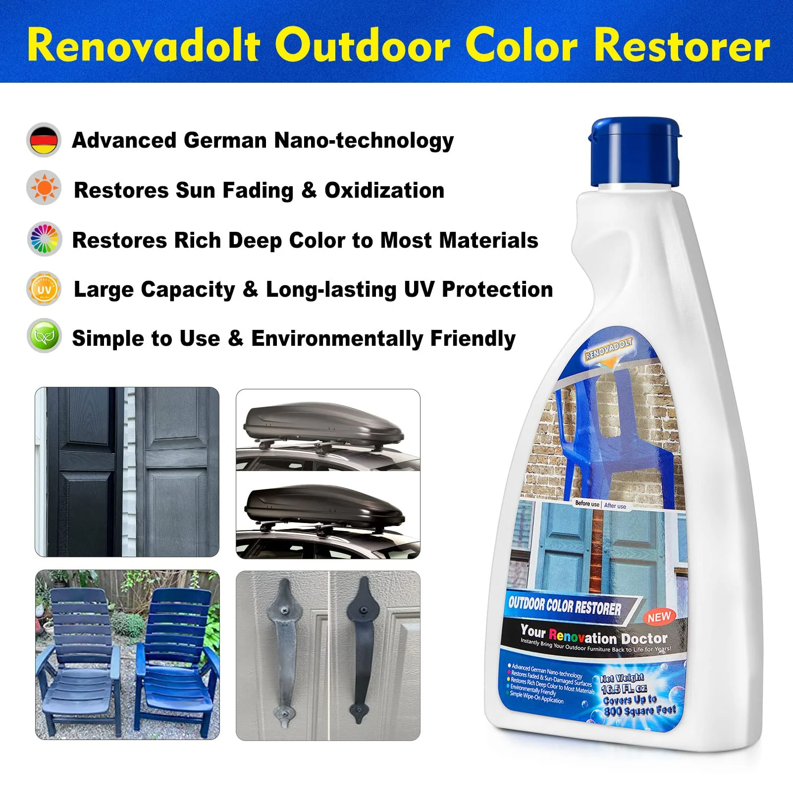 RENOVADOLT Outdoor Color Restorer 16.5oz Plastic Vinyl Shutter Restorer Faded Sun-Damaged and Oxidized Possessions and Protects from Future Wear - Image 5