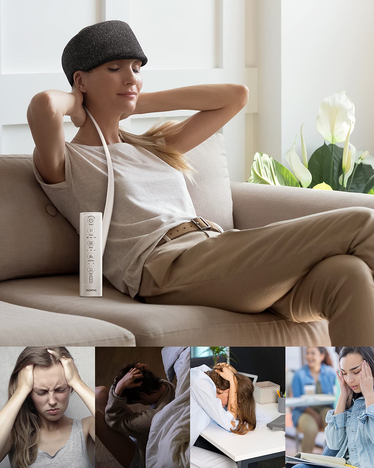 RENPHO Heated Electric Head Massager,3 air Compression Massage intensities and 4 Massage Mode Area Selection,for Pressure Relief,Tension,Deep Sleep,Relaxation,One Size Fit Most - Image 5