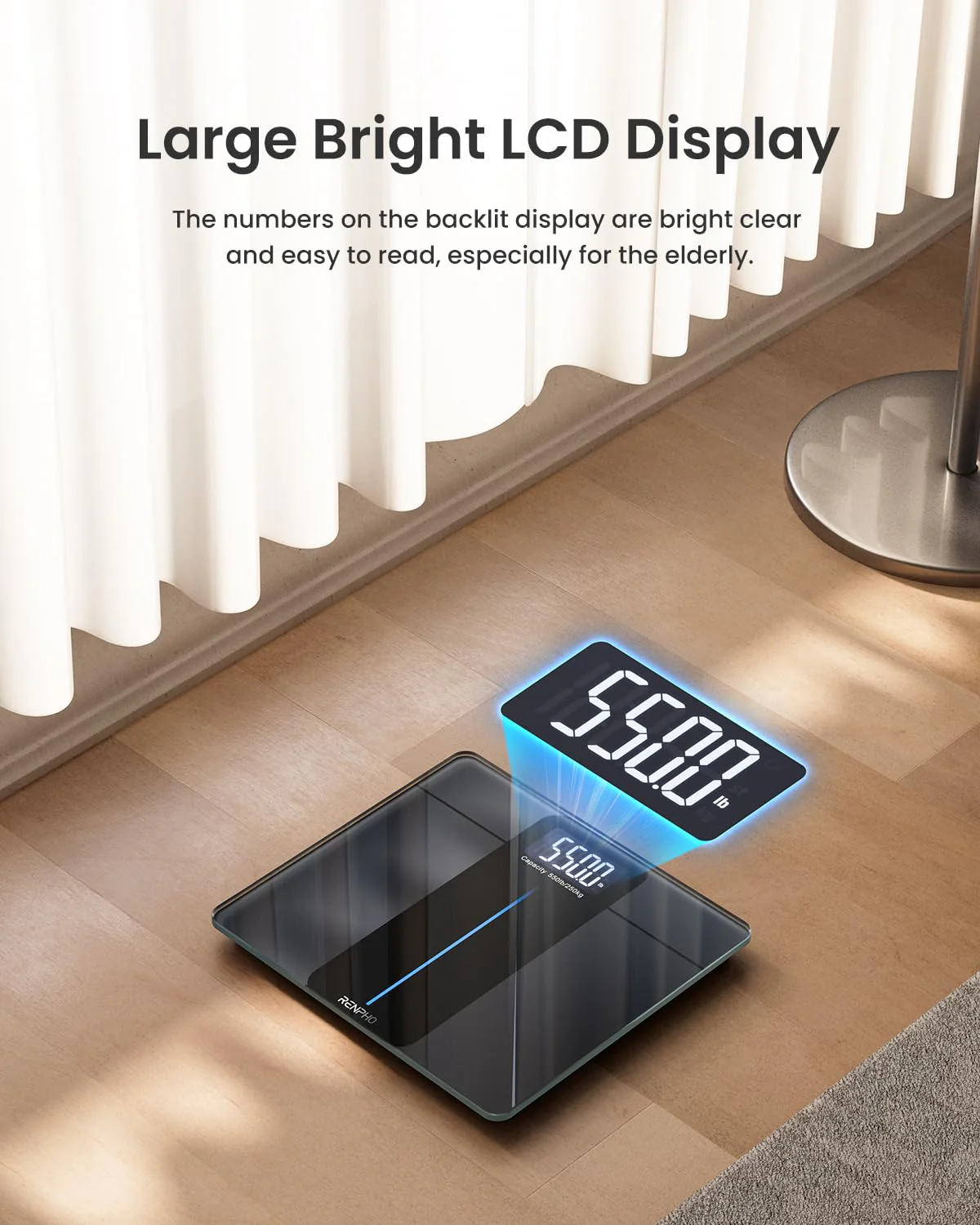 RENPHO Large Platform Weighing Scales for Body Weight, 550lb/250kg Bathroom Scales Large Display, Digital Scales with High Accurate, Weight Loss Tracking, 33x30cm, Core 1L - Image 6