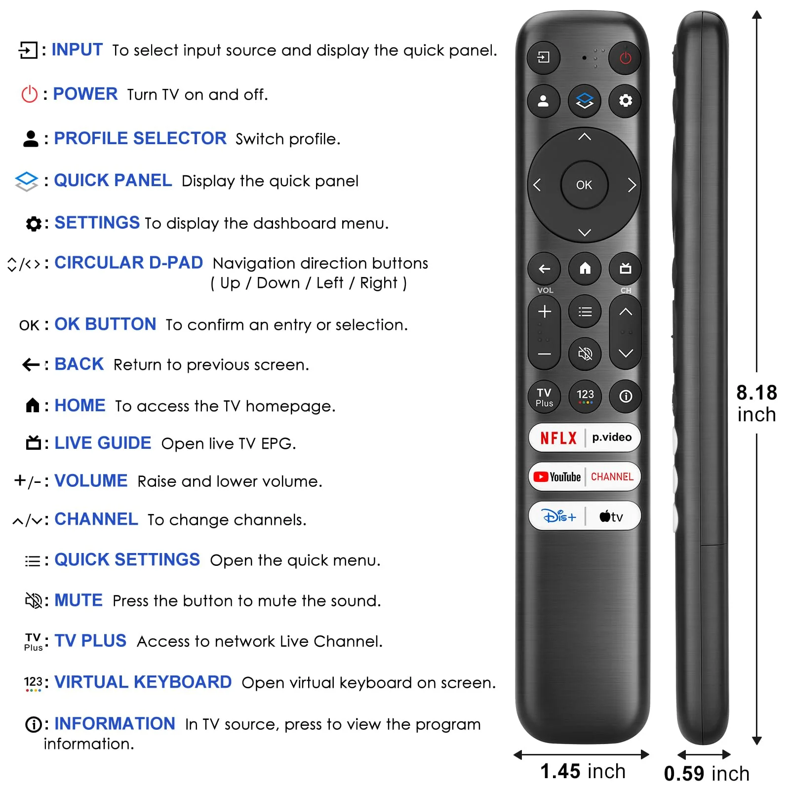 Replacement Only for TCL Google TV Remote Control,RC813 Compatible with TCL QM8/QM7/S5/S4/S3/Q7/Q6/Q5 4K UHD HDR LED QLED QD-Mini LED Full-HD Smart TVs