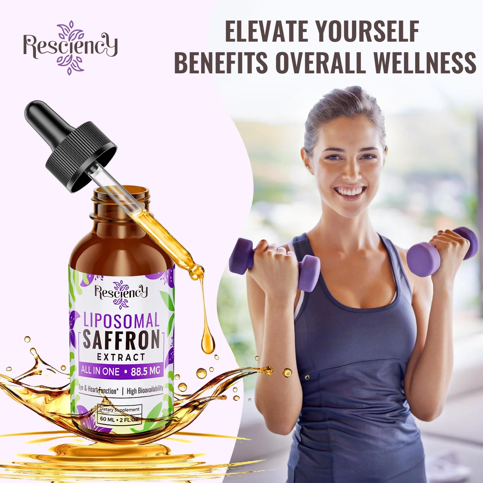 Resciency Liposomal Saffron Supplements Drops 88.5mg – High Bioavailability Liquid Saffron Extract for Mood Support, Energy, Focus & Vision with Ashwagandha, Magnesium, Zinc, B12 & D3, 2 fl oz - Image 2