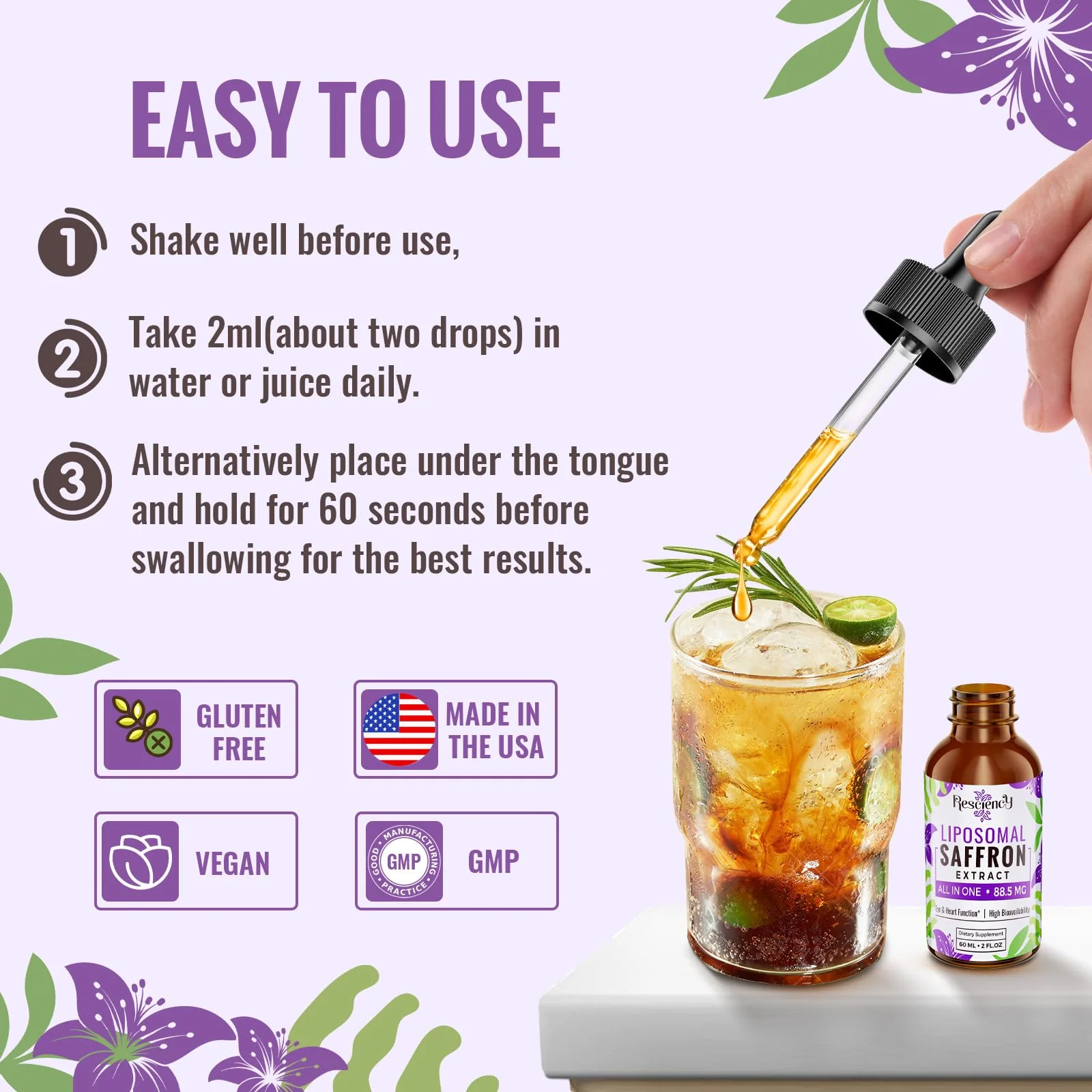 Resciency Liposomal Saffron Supplements Drops 88.5mg – High Bioavailability Liquid Saffron Extract for Mood Support, Energy, Focus & Vision with Ashwagandha, Magnesium, Zinc, B12 & D3, 2 fl oz - Image 4