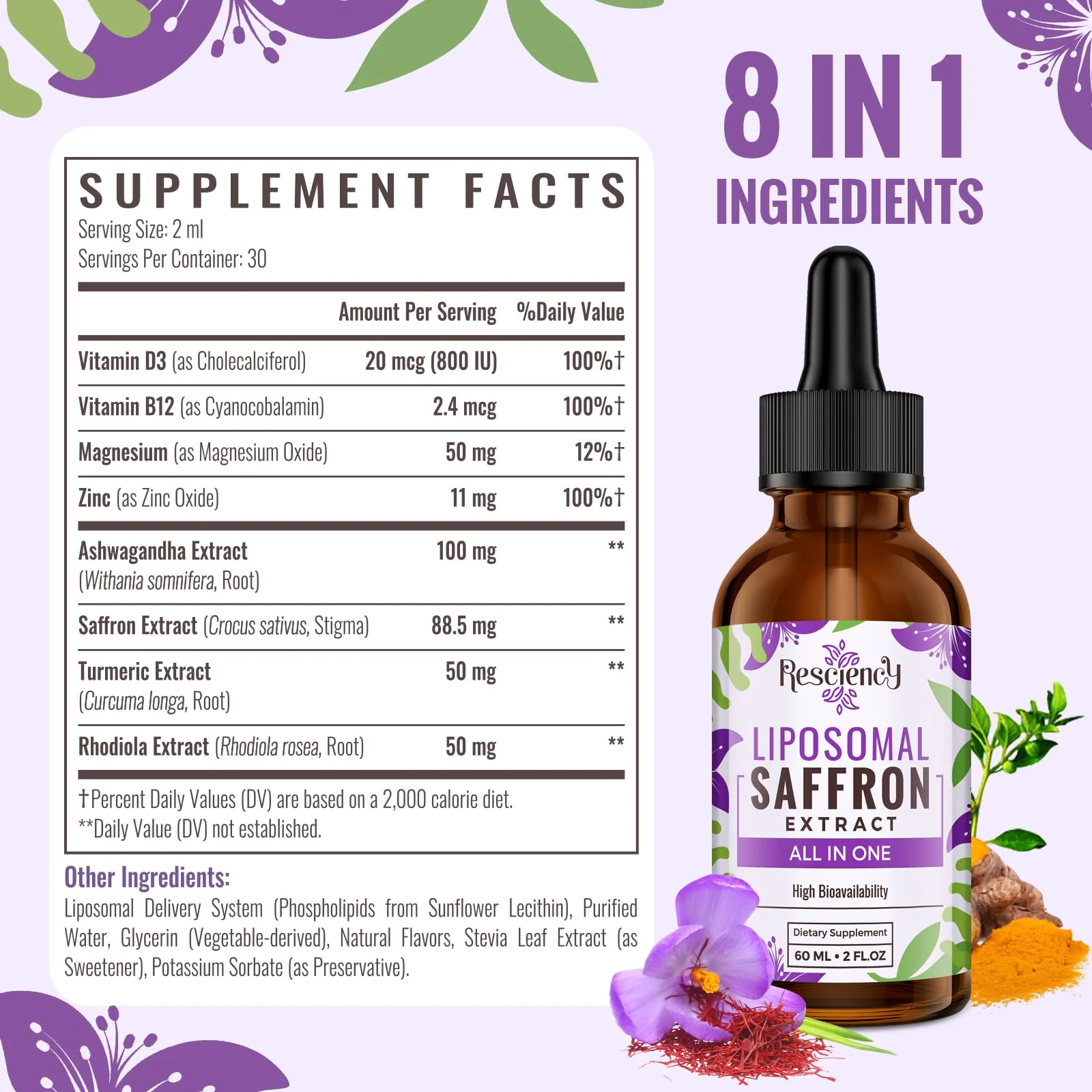 Resciency Liposomal Saffron Supplements Drops 88.5mg – High Bioavailability Liquid Saffron Extract for Mood Support, Energy, Focus & Vision with Ashwagandha, Magnesium, Zinc, B12 & D3, 2 fl oz - Image 7
