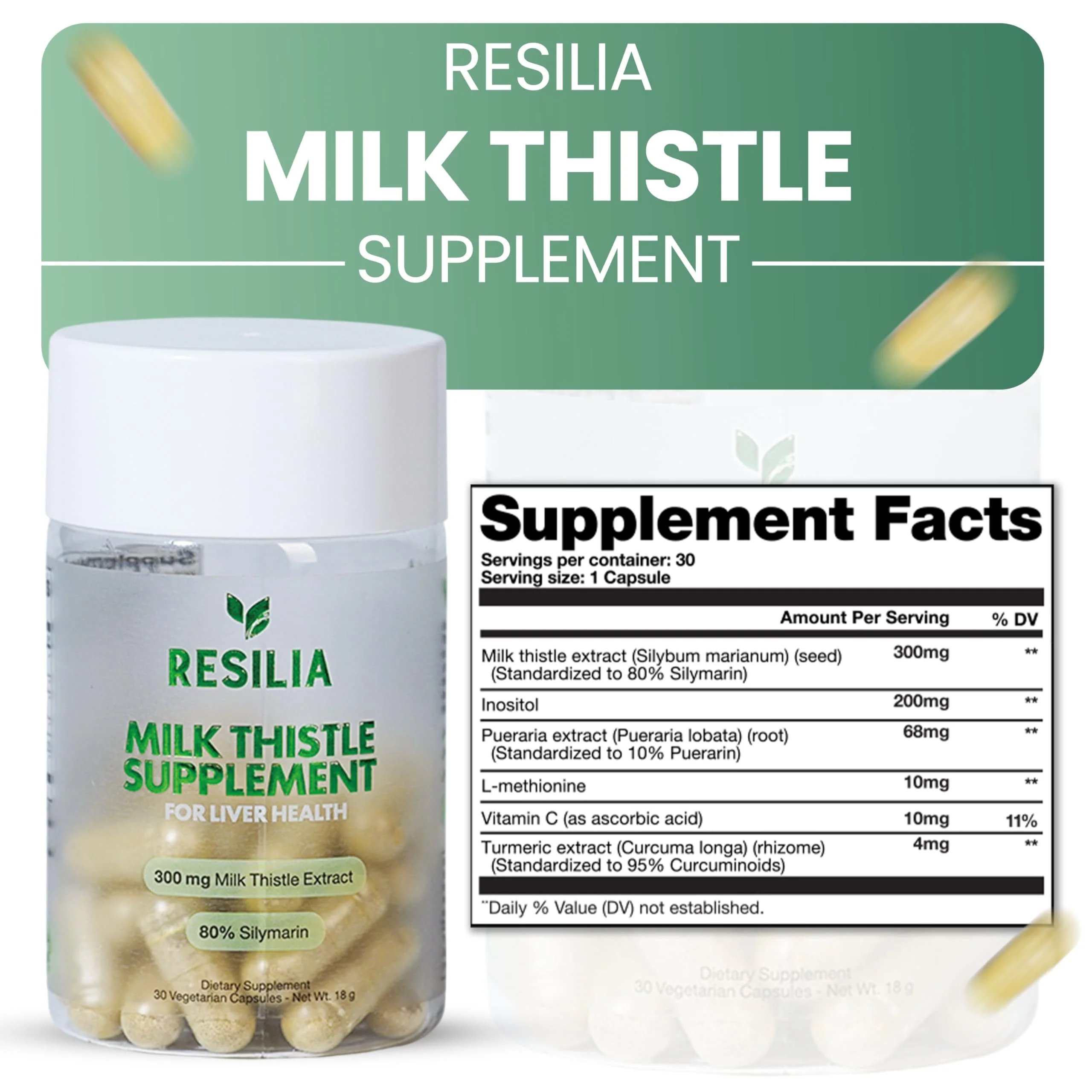 Resilia Milk Thistle Silymarin – 300 mg Supplement with Dandelion, Vitamin C, Inositol, Pueraria Root & Turmeric Extract, Antioxidant-Focused Plant Formula, 30 Vegetarian Capsules - Image 3