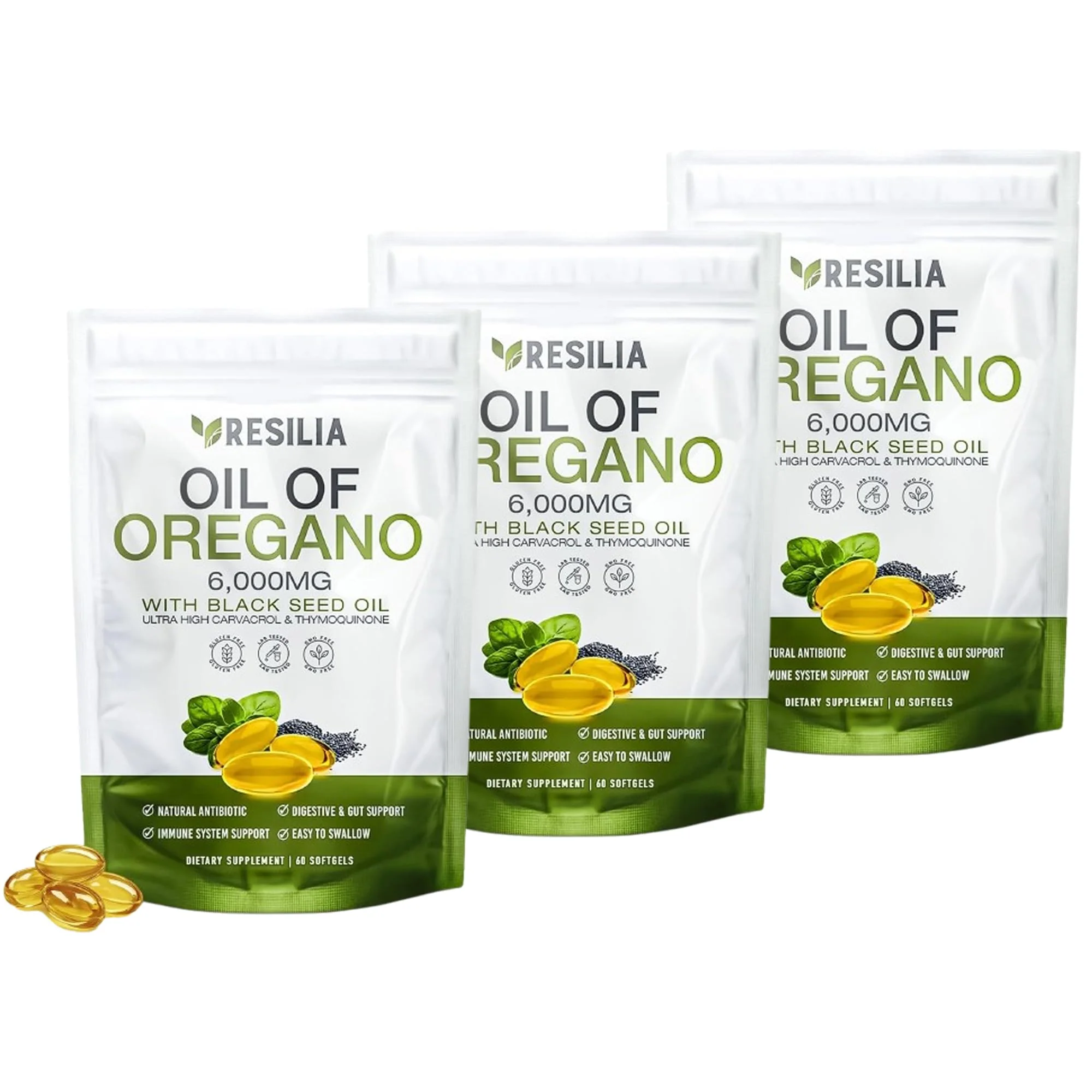 Resilia Oil Of Oregano Softgels with Black Seed Oil 6000mg – Organic Oregano Oil Capsules for Immune & Digestive Support – Non-GMO, Gluten-Free Softgels – 180 Count (Pack of 3)