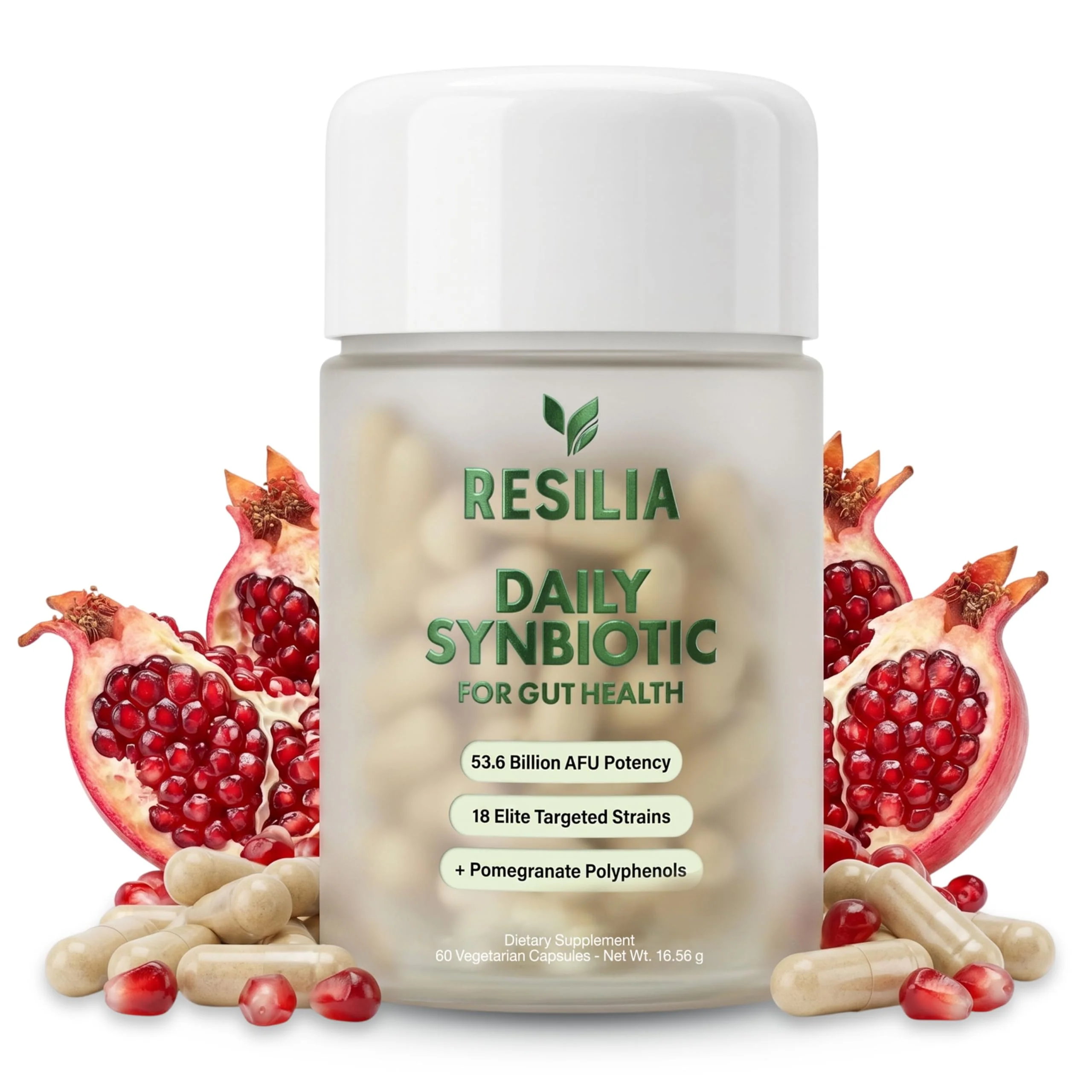 Resilia Synbiotic Probiotic + Prebiotic Supplement for Women & Men – 53.6 Billion AFU, 19 Strains, Shelf-Stable Capsules with Polyphenols, Digestive & Gut Balance Support, 60 Capsules