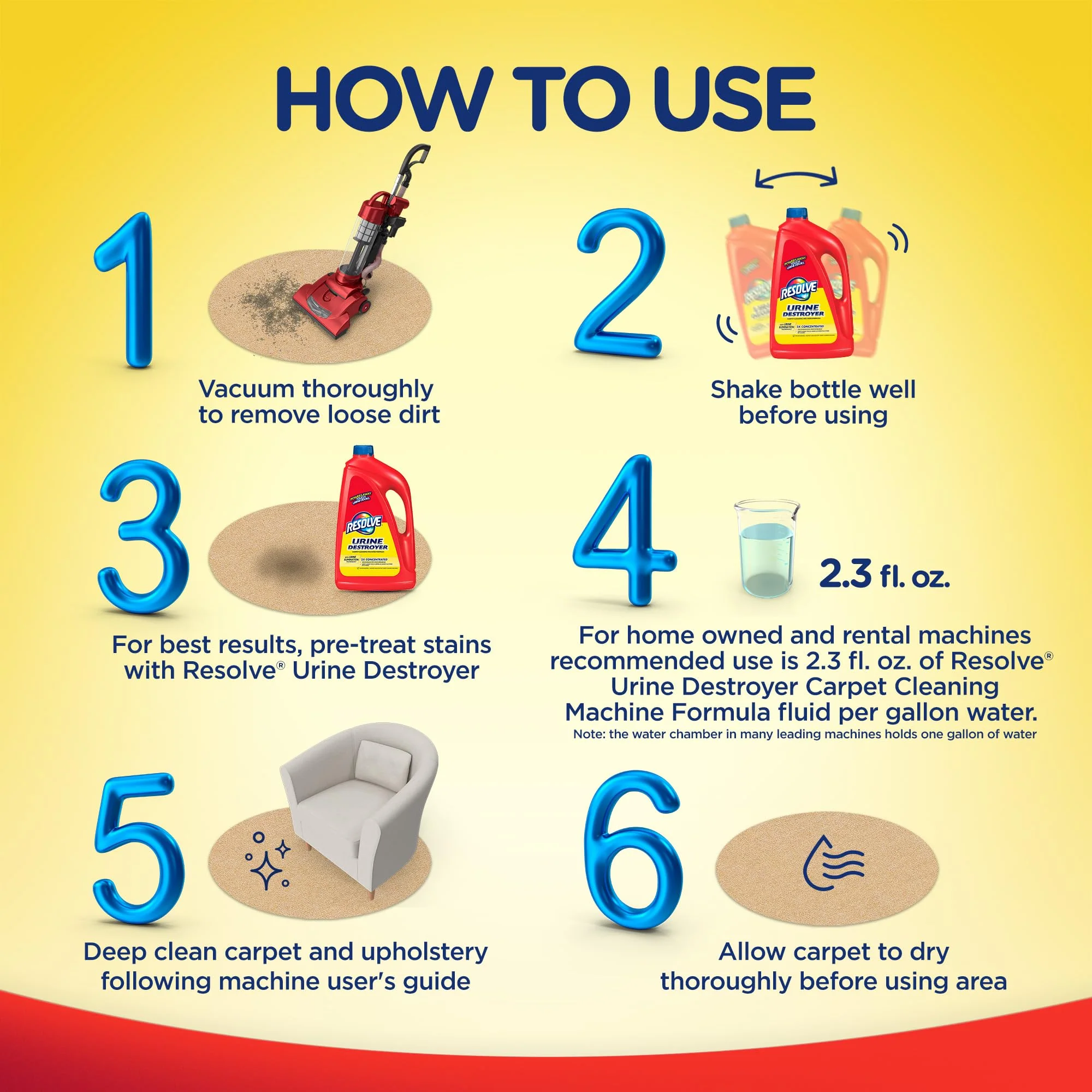 Resolve Urine Destroyer Carpet Cleaning Machine Formula, Safe for Bissell, Hoover & Rug Doctor, Carpet Cleaner, Carpet Cleaner Solution, 96 OZ - Image 2