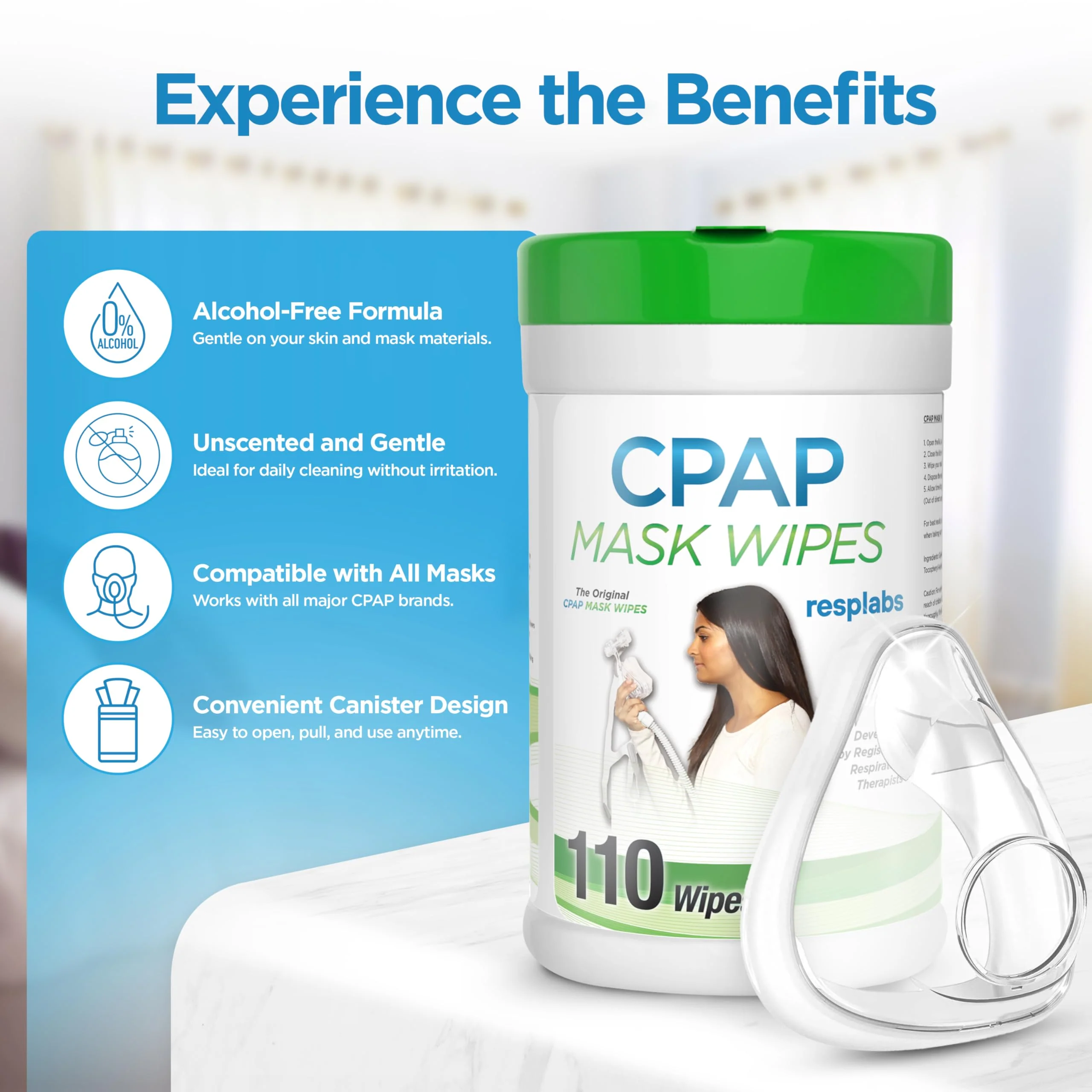 resplabs CPAP Mask Wipes Unscented Cleaner for Full Face, Nasal Masks & Supplies 110 Wipes - Image 3