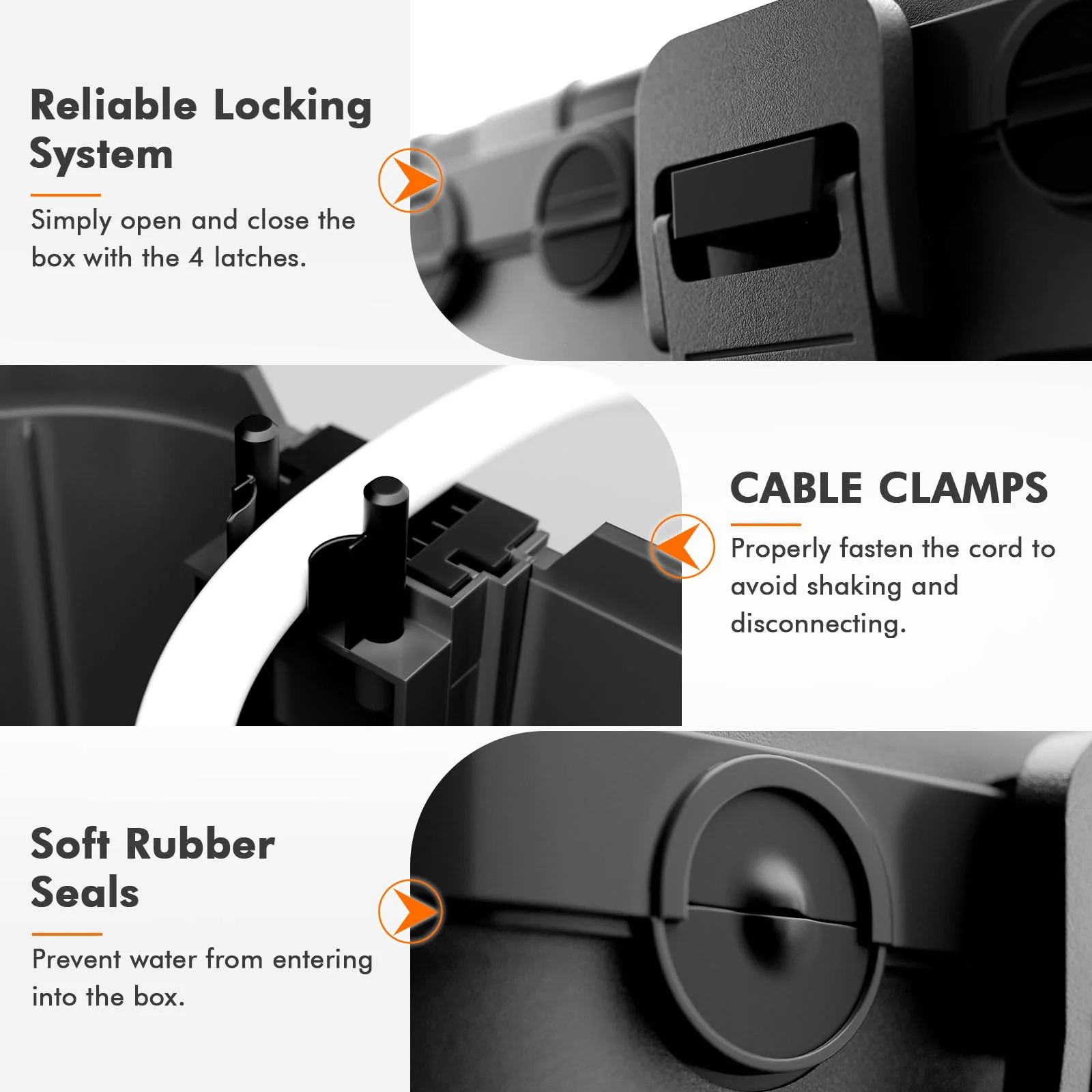 RESTMO IP54 Extra Large Outdoor Box w/ 6 Cable Seal Entry, Bundle w/ 4 Small Weatherproof Extension Cord Safety Cover, Protect Power Strip, Timer Outlet Plug, Christmas Decoration, Black. - Image 8