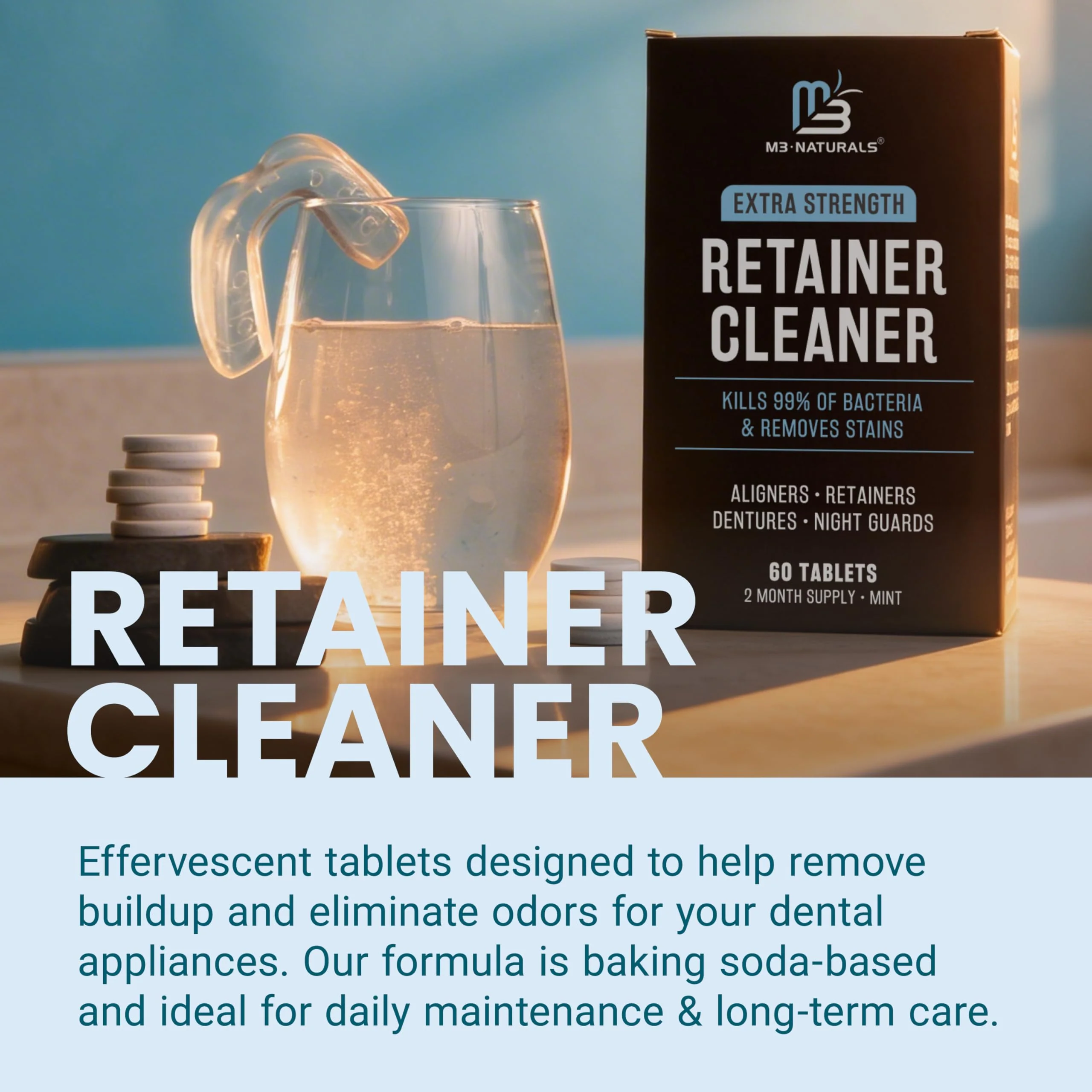 Retainer Cleanser Tablets Cleaner, Removes Odors Discoloration Stains and Plaque 2 Month Supply Denture Cleansers Retainers Mouth Guards Denture Bath Mint by M3 - Image 3