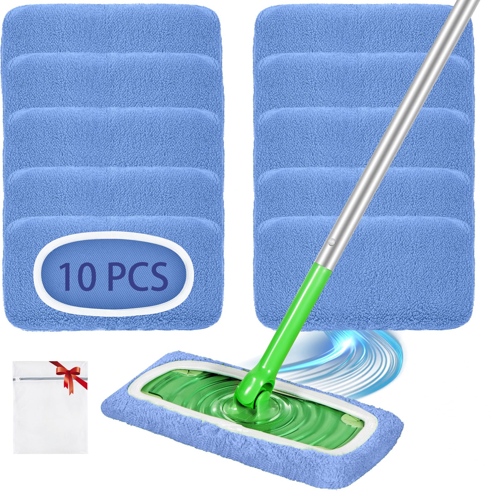 Reusable Mop Pads Compatible with Swiffer Sweeper Mop, Microfiber Dry Sweeping Cloths & Machine Washable Wet Pads Refill for Use on All Sealed Floors - Stone, Hardwood, Laminate & Tile (10 Blue)