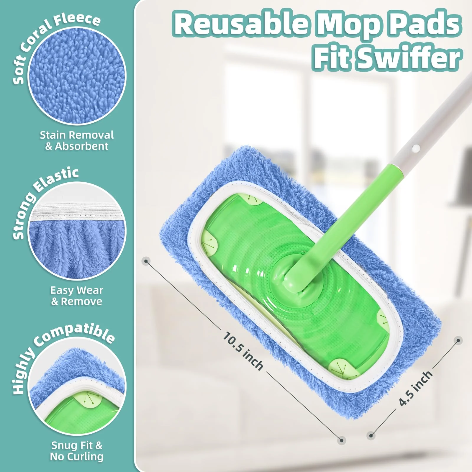 Reusable Mop Pads Compatible with Swiffer Sweeper Mop, Microfiber Dry Sweeping Cloths & Machine Washable Wet Pads Refill for Use on All Sealed Floors - Stone, Hardwood, Laminate & Tile (10 Blue) - Image 6