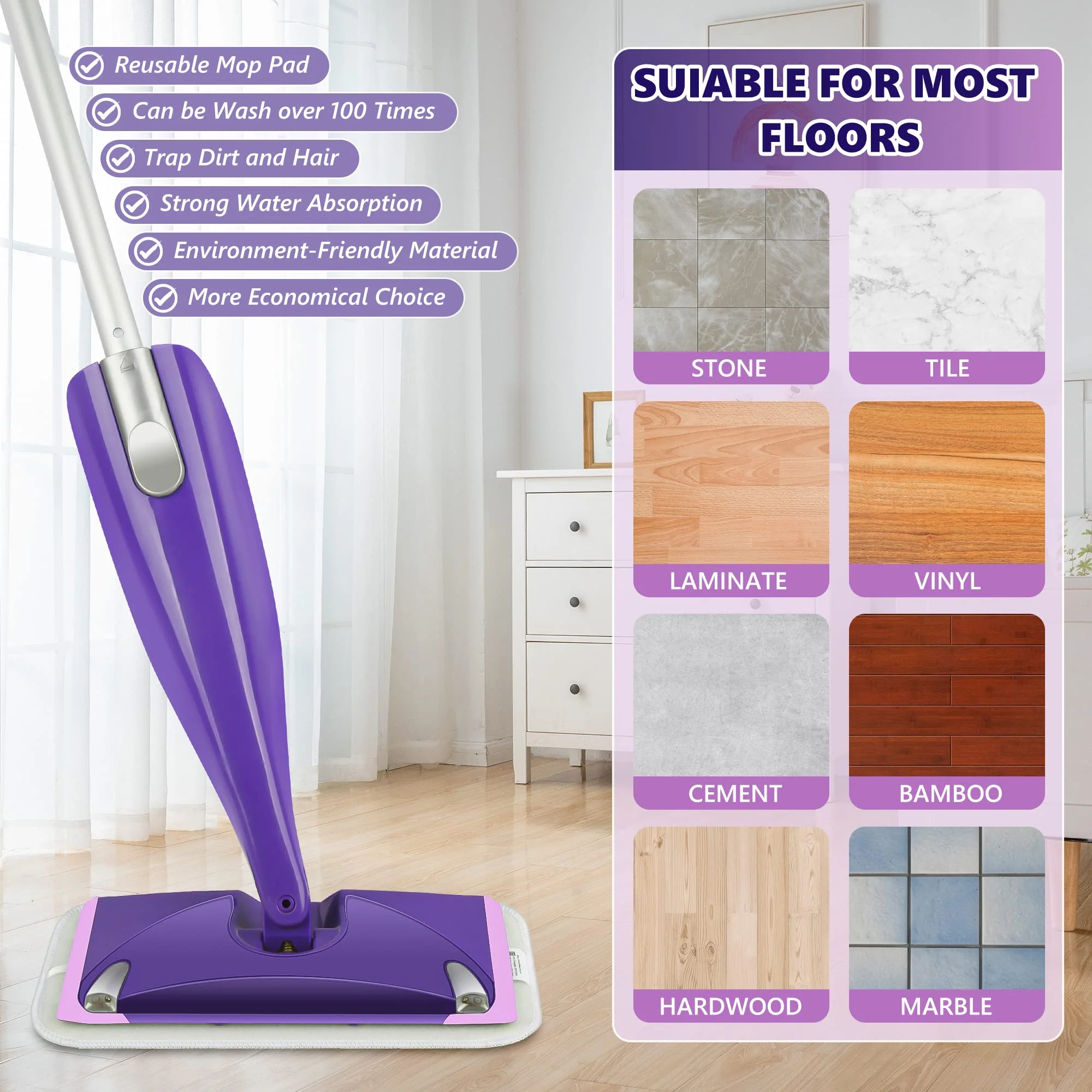 Reusable Mop Pads Compatible with Swiffer Wet Jet, Wet Jet Pads Refills for Swiffer Mop, Microfiber Replacement Pads for Hardwood Floor Cleaning, Dry Wet Mopping Cloths for 12" Wet Jet Refill, 6 Pack - Image 2