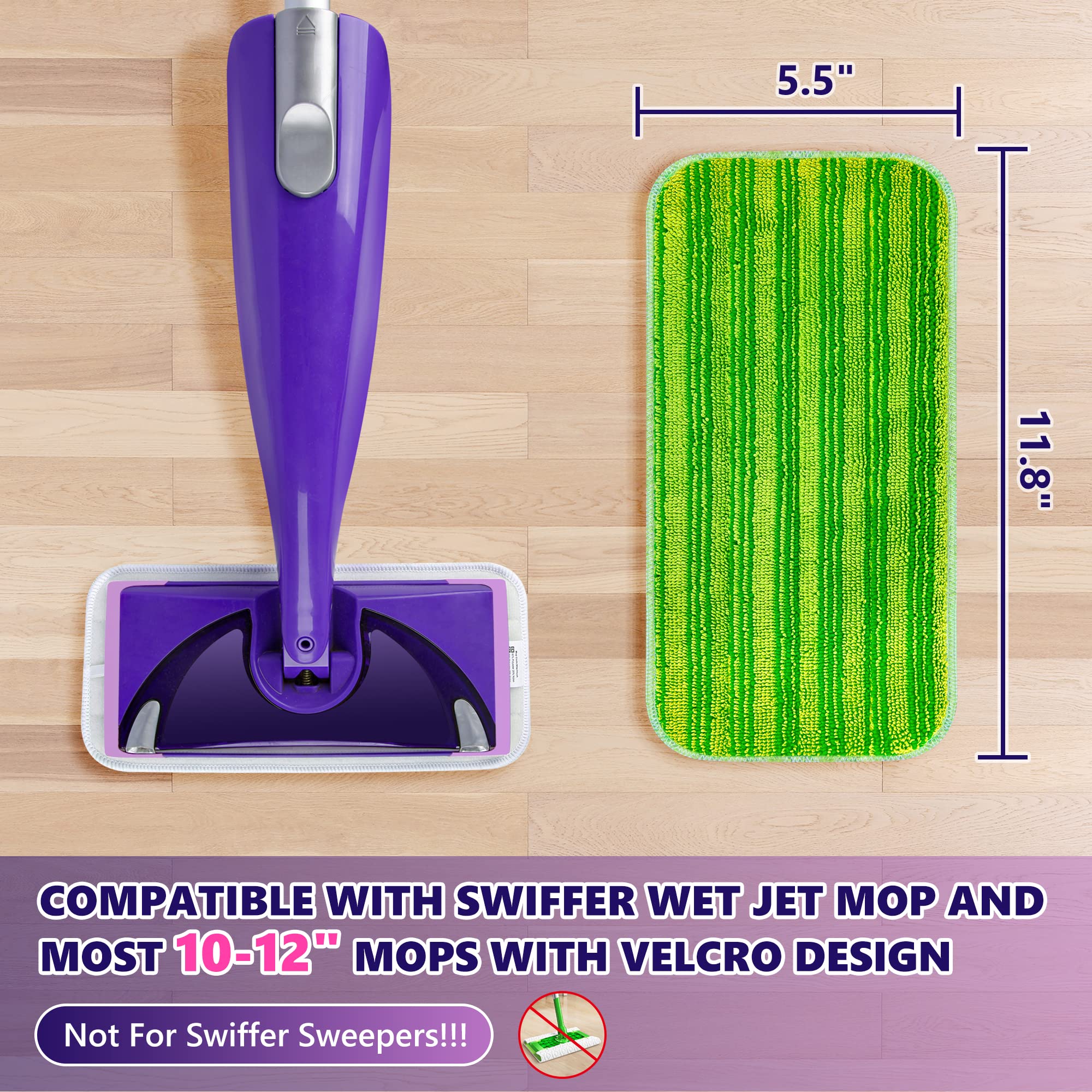 Reusable Mop Pads Compatible with Swiffer Wet Jet, Wet Jet Pads Refills for Swiffer Mop, Microfiber Replacement Pads for Hardwood Floor Cleaning, Dry Wet Mopping Cloths for 12" Wet Jet Refill, 6 Pack - Image 5