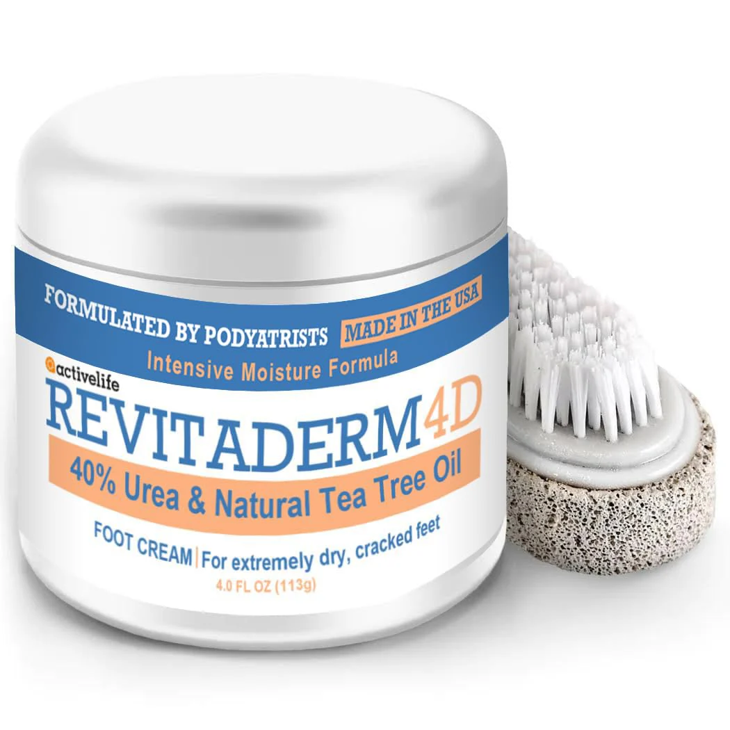 Revitaderm 4D 40% Urea Advanced Foot Cream for Cracked Heels & Dry Skin, Intensive Repair for Rough, Callused Feet, Fast Absorbing, Fragrance Free, Made in USA, 4 oz with Pumice & Brush, 1 Pack - Image 2