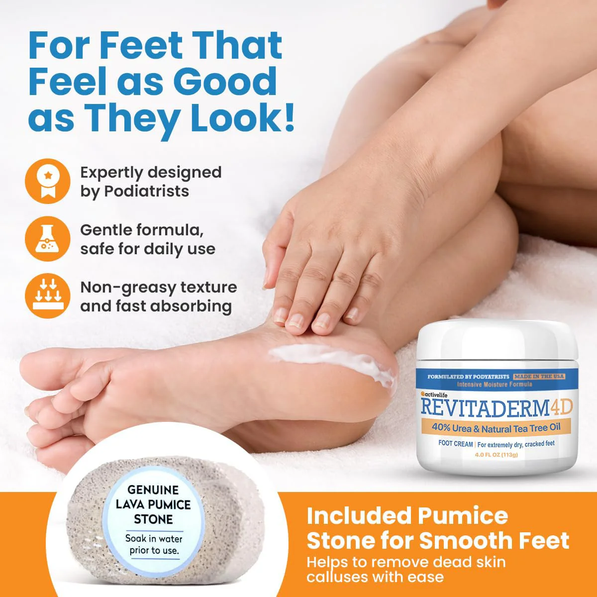 Revitaderm 4D 40% Urea Advanced Foot Cream for Cracked Heels & Dry Skin, Intensive Repair for Rough, Callused Feet, Fast Absorbing, Fragrance Free, Made in USA, 4 oz with Pumice & Brush, 1 Pack - Image 3