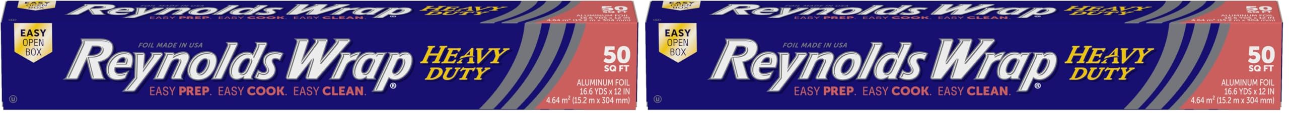 Reynolds Wrap Heavy Duty Aluminum Foil Roll, Thick Heavy Duty Foil for Added Strength and Durability, Secure Easy Open and Close Tab, 12 Inches Wide, 50 Sq. Ft. (Pack of 2)