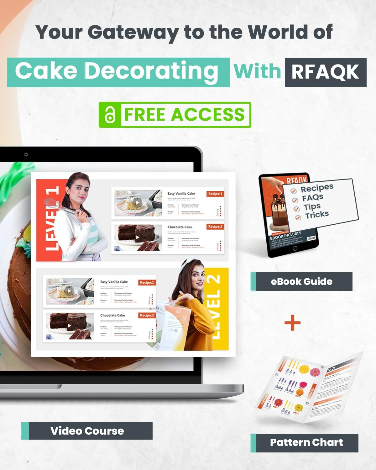 RFAQK 64 PCs Cake Decorating Kit for Beginners Includes Video Course, Booklet + Baking Supplies Gift - Cake Stand, Leveler, 24 Numbered Piping Tips, Straight & Offset Spatula, & Scraper sets - Image 2